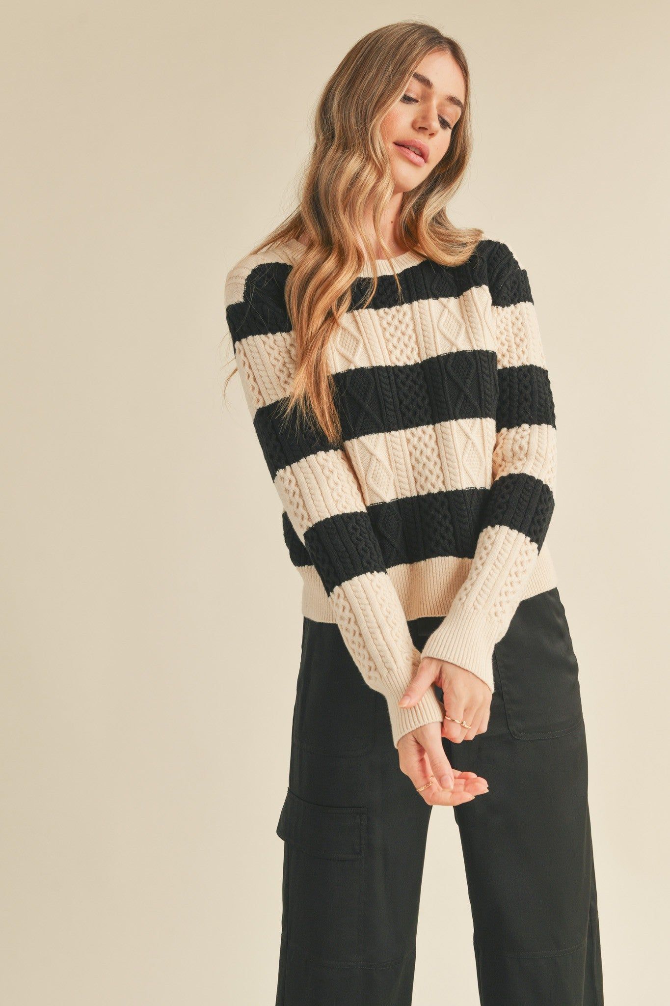 Cream Black Striped Cable Knit Sweater sold by Pinkblush