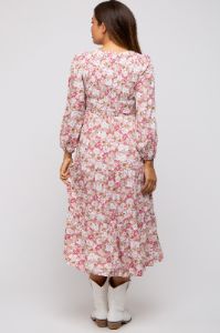 Mauve Floral Smocked Tiered Maternity Midi Dress sold by Pinkblush