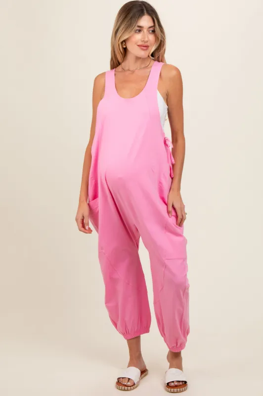 Pink Racerback Drawstring Side Pocket Maternity Jumpsuit sold by Pinkblush