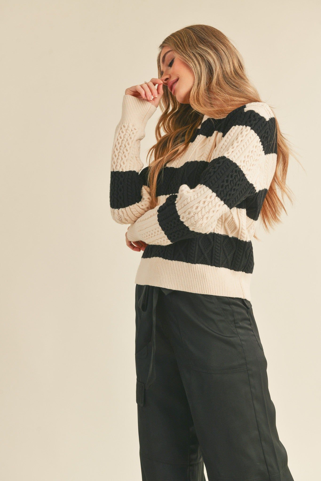 Cream Black Striped Cable Knit Sweater sold by Pinkblush product image thumbnail 2