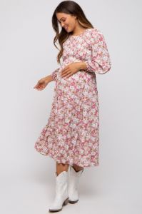 Mauve Floral Smocked Tiered Maternity Midi Dress sold by Pinkblush