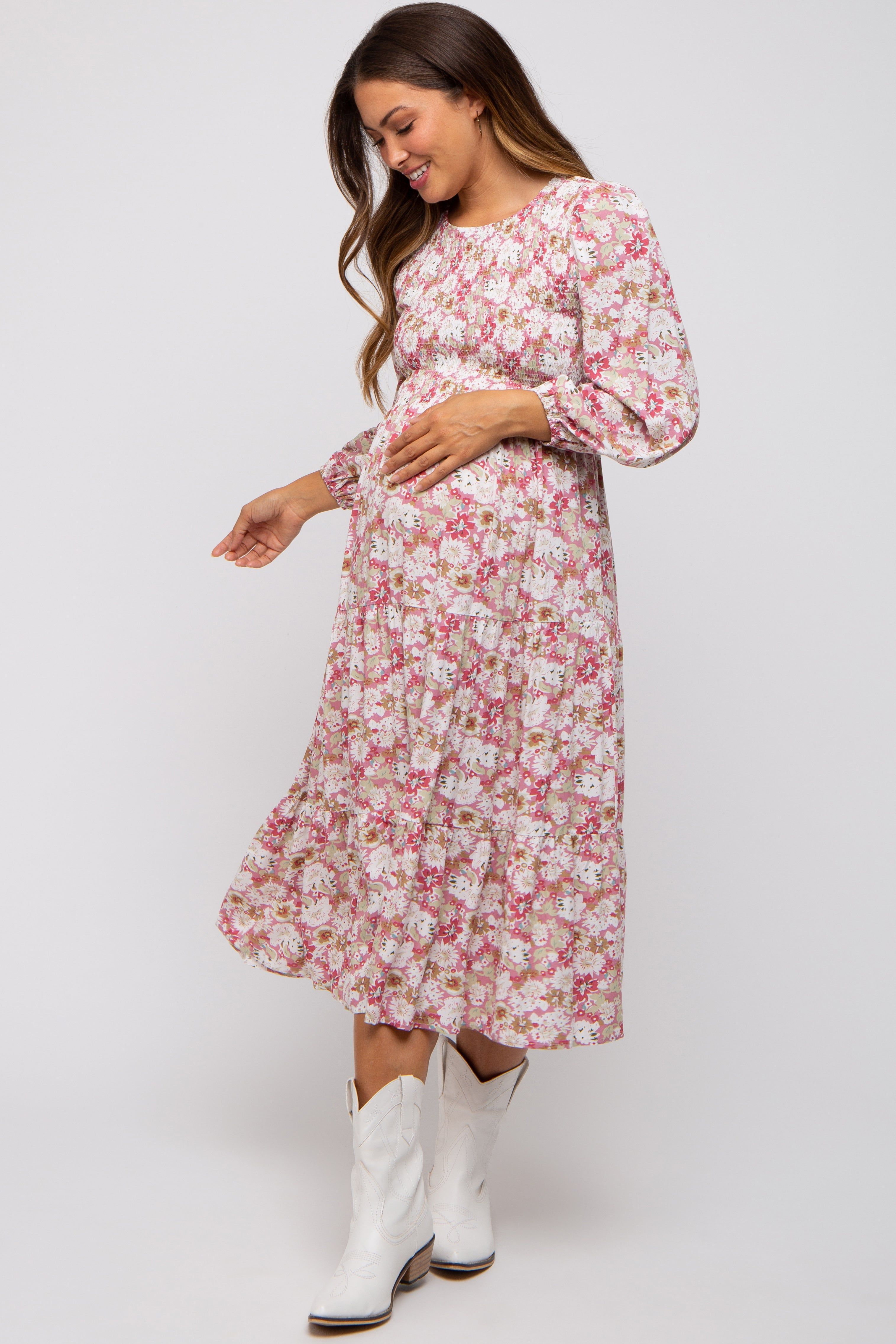 Mauve Floral Smocked Tiered Maternity Midi Dress sold by Pinkblush product image thumbnail 4