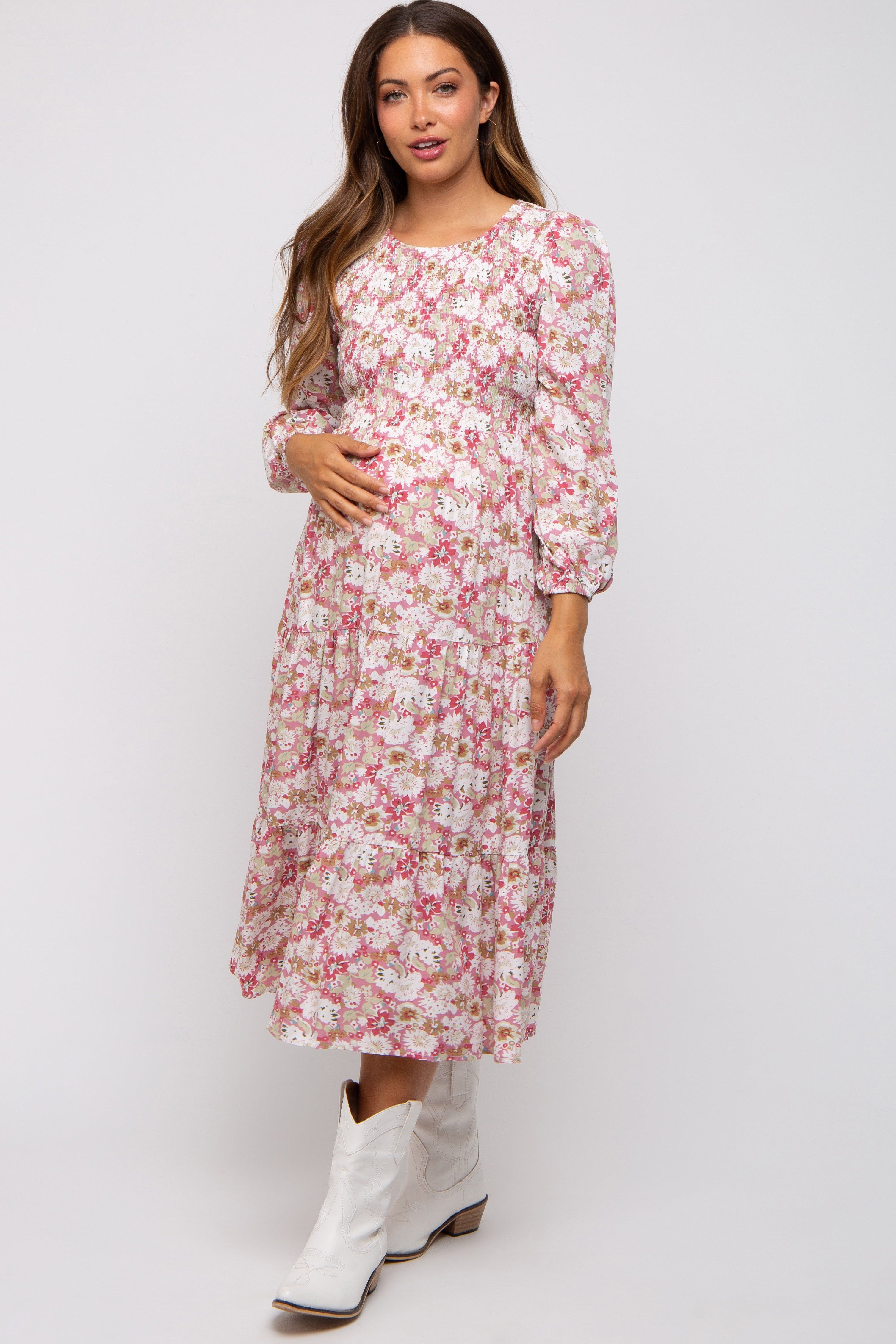 Mauve Floral Smocked Tiered Maternity Midi Dress sold by Pinkblush