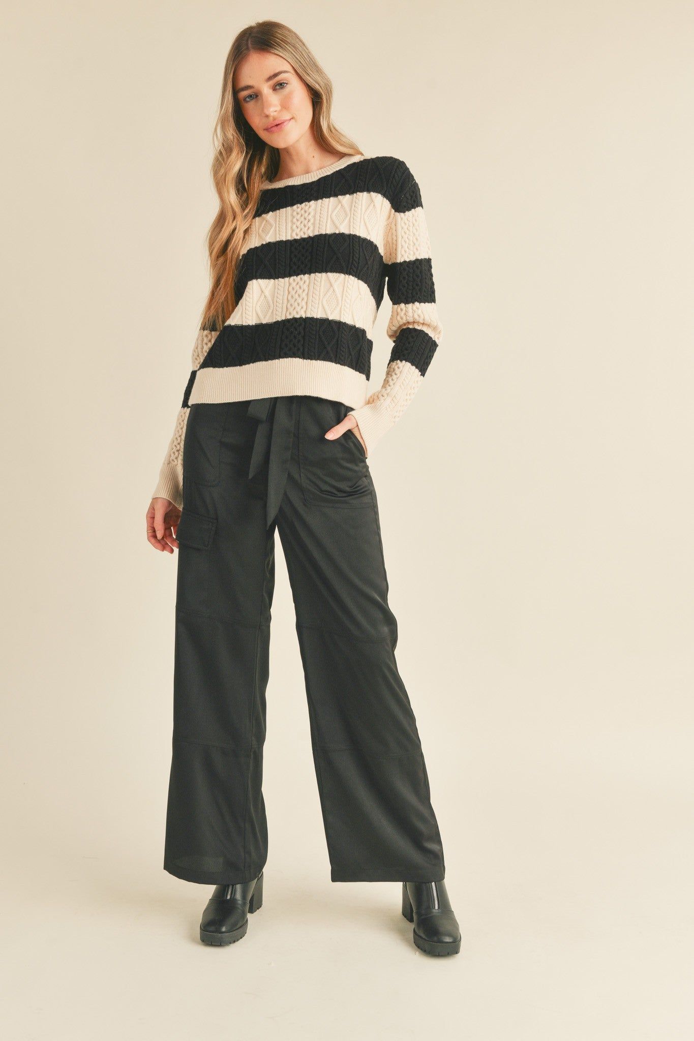 Cream Black Striped Cable Knit Sweater sold by Pinkblush product image thumbnail 3