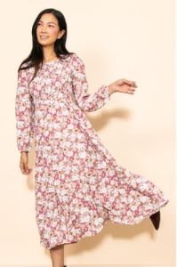 Mauve Floral Smocked Tiered Maternity Midi Dress sold by Pinkblush