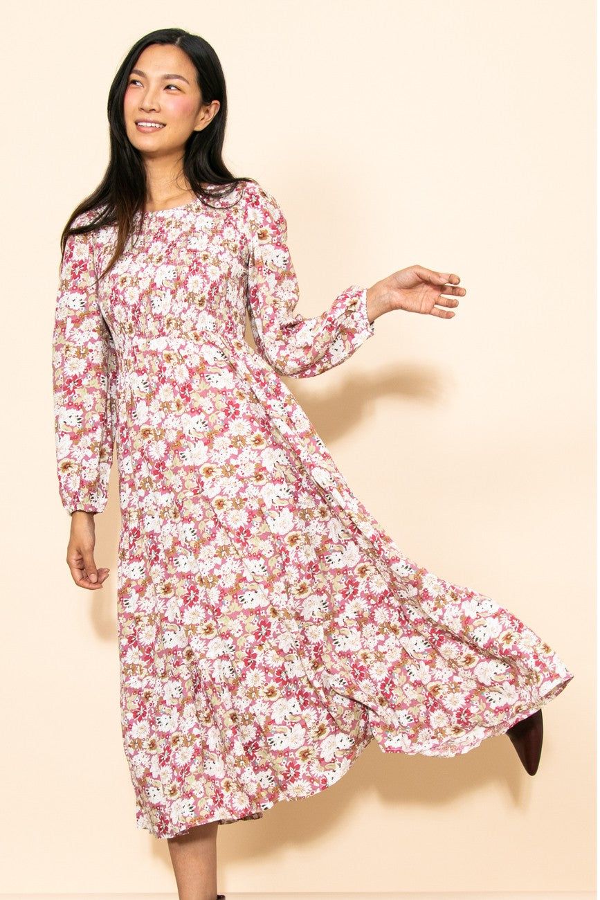 Mauve Floral Smocked Tiered Maternity Midi Dress sold by Pinkblush product image thumbnail 5