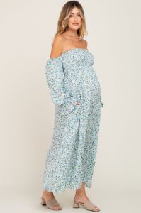 Light Blue Floral Off Shoulder Long Sleeve Maternity Maxi Dress sold by Pinkblush
