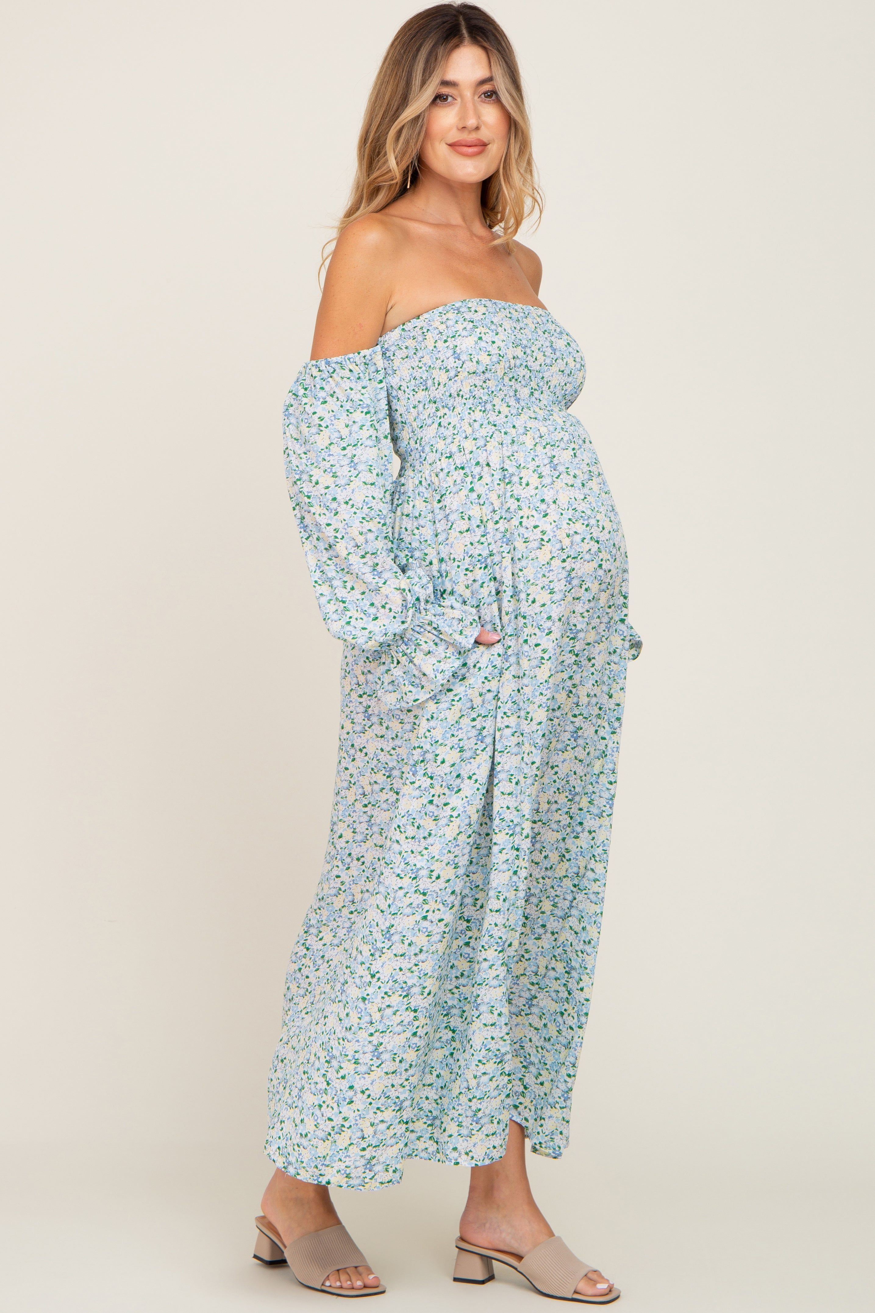 Light Blue Floral Off Shoulder Long Sleeve Maternity Maxi Dress sold by Pinkblush product image thumbnail 2