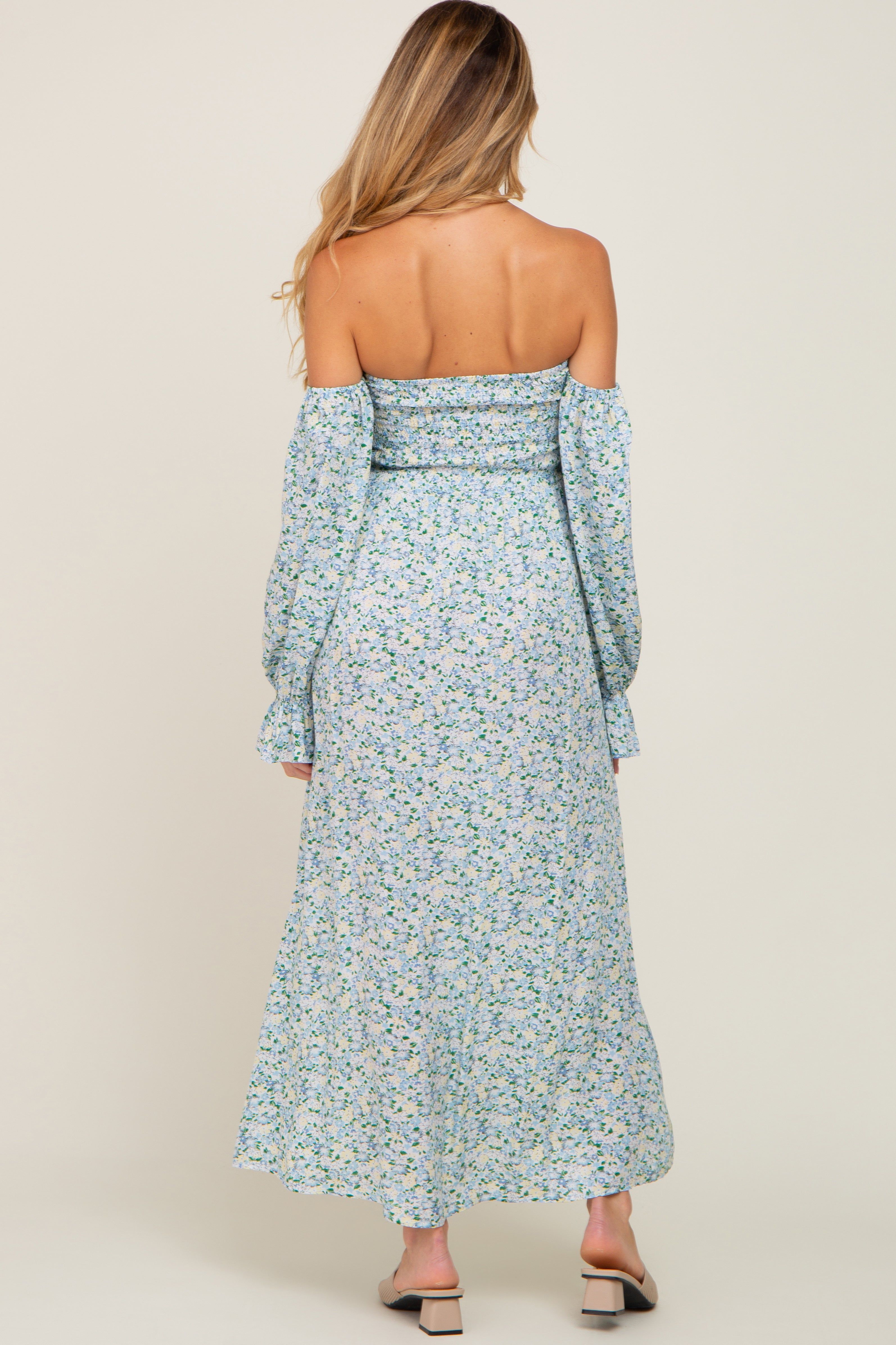 Light Blue Floral Off Shoulder Long Sleeve Maternity Maxi Dress sold by Pinkblush product image thumbnail 3