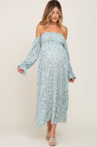 Light Blue Floral Off Shoulder Long Sleeve Maternity Maxi Dress sold by Pinkblush