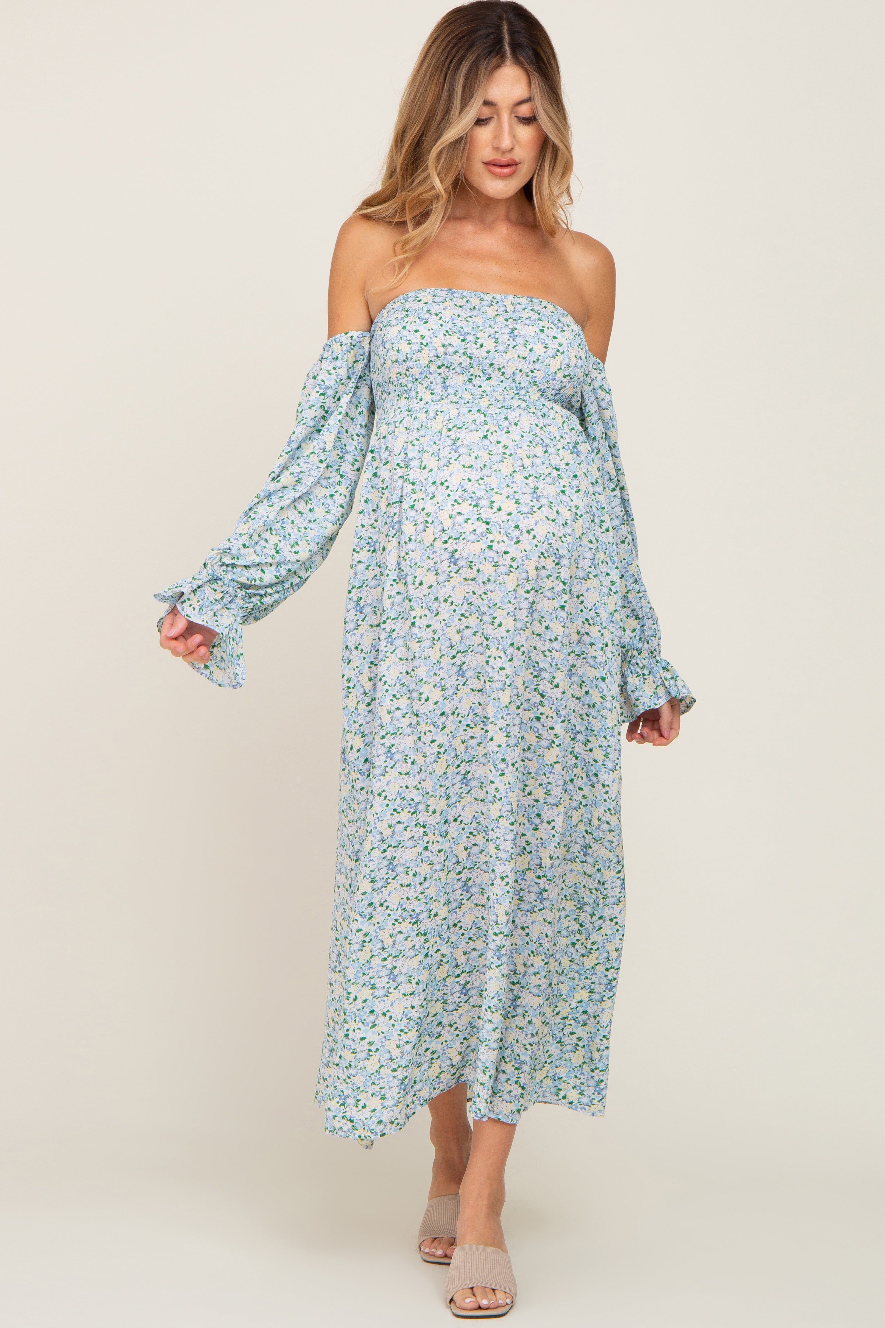 Light Blue Floral Off Shoulder Long Sleeve Maternity Maxi Dress sold by Pinkblush