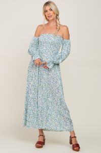 Light Blue Floral Off Shoulder Long Sleeve Maternity Maxi Dress sold by Pinkblush