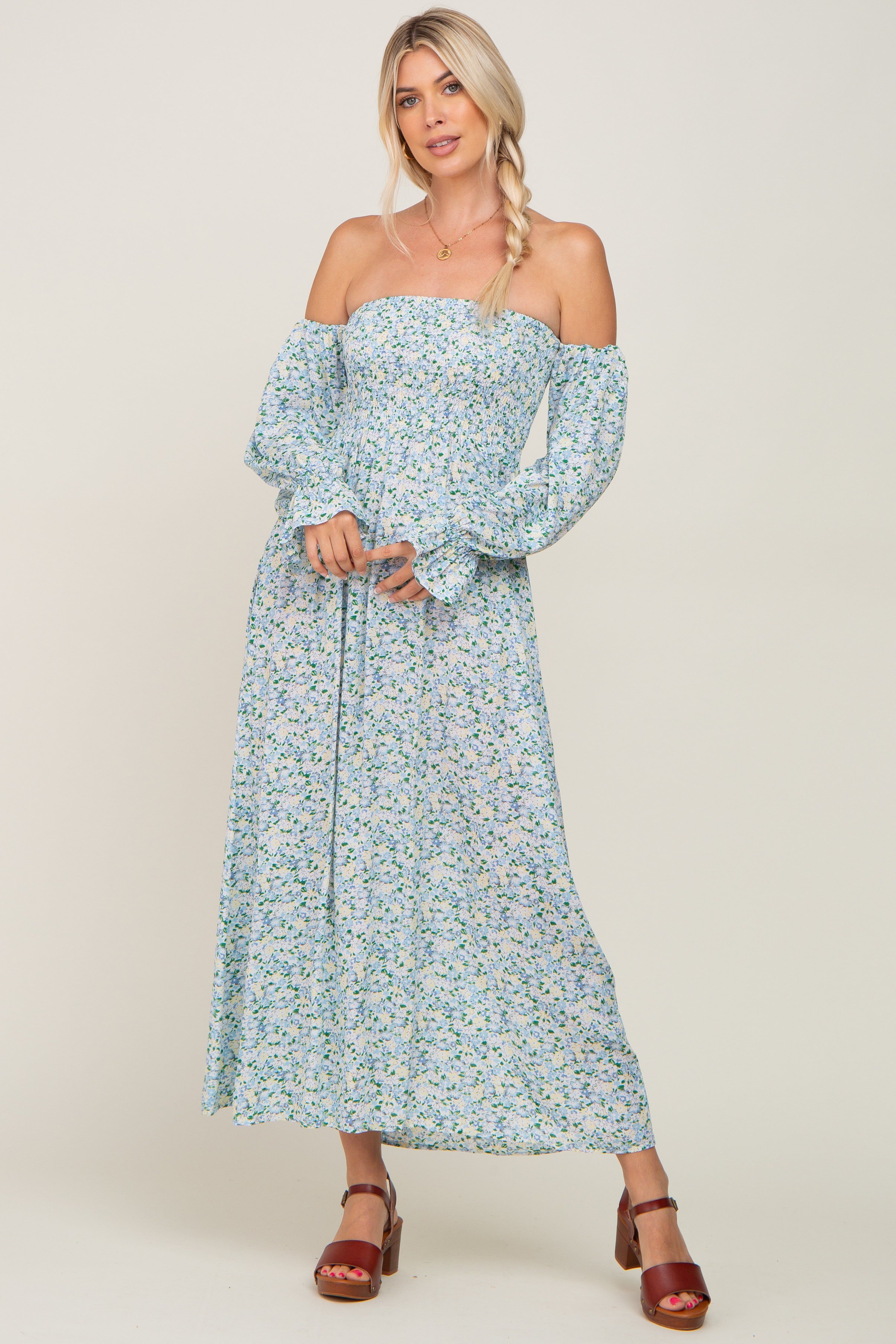 Light Blue Floral Off Shoulder Long Sleeve Maternity Maxi Dress sold by Pinkblush product image thumbnail 5