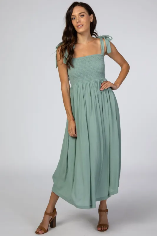 Mint Green Smocked Tie Strap Midi Dress sold by Pinkblush