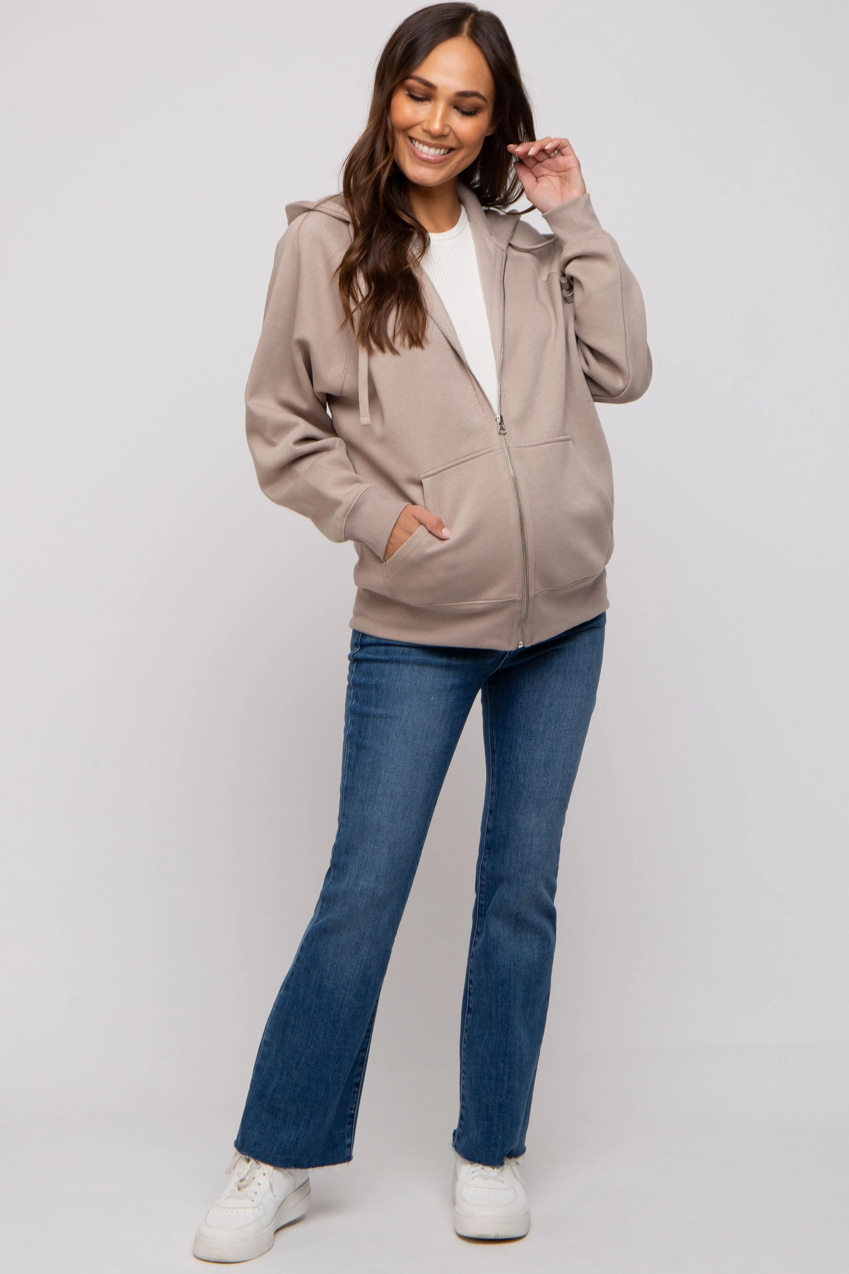Taupe Front Zipper Hooded Maternity Sweater sold by Pinkblush product image thumbnail 4
