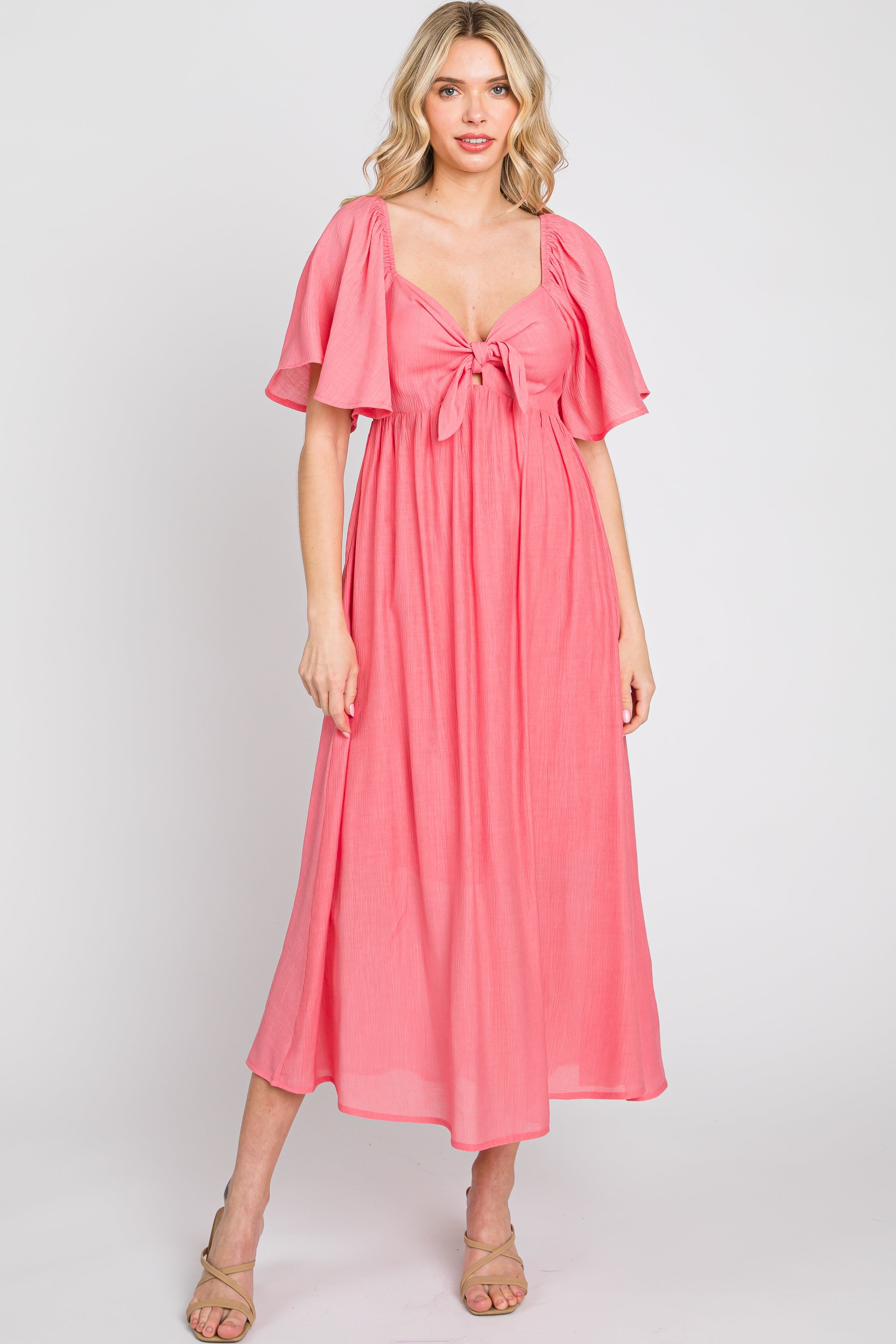 Coral Front Tie Ruffle Sleeve Midi Dress sold by Pinkblush product image thumbnail 3