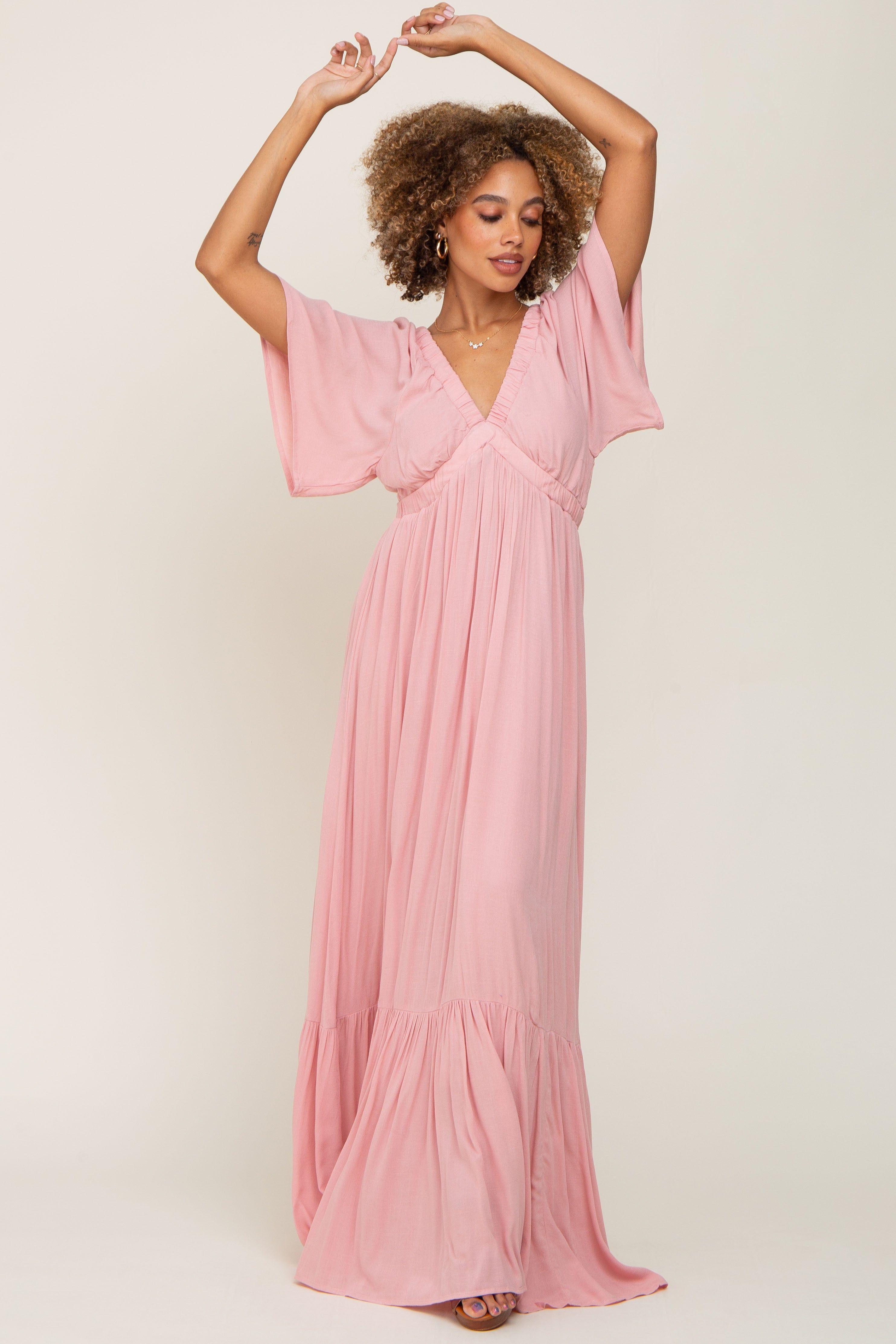 Light Pink V-Neck Flounce Sleeve Maxi Dress sold by Pinkblush product image thumbnail 5