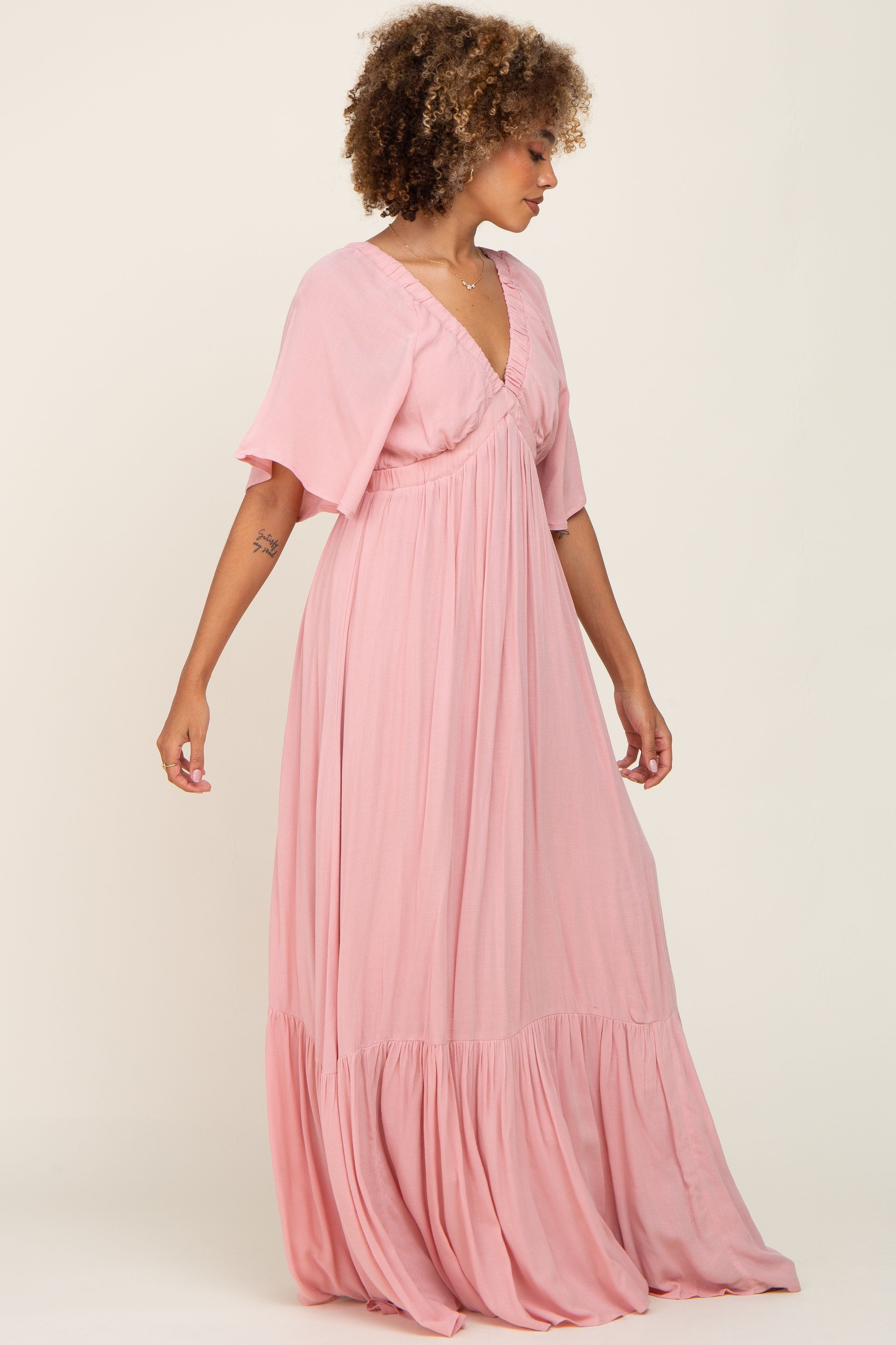 Light Pink V-Neck Flounce Sleeve Maxi Dress sold by Pinkblush product image thumbnail 2