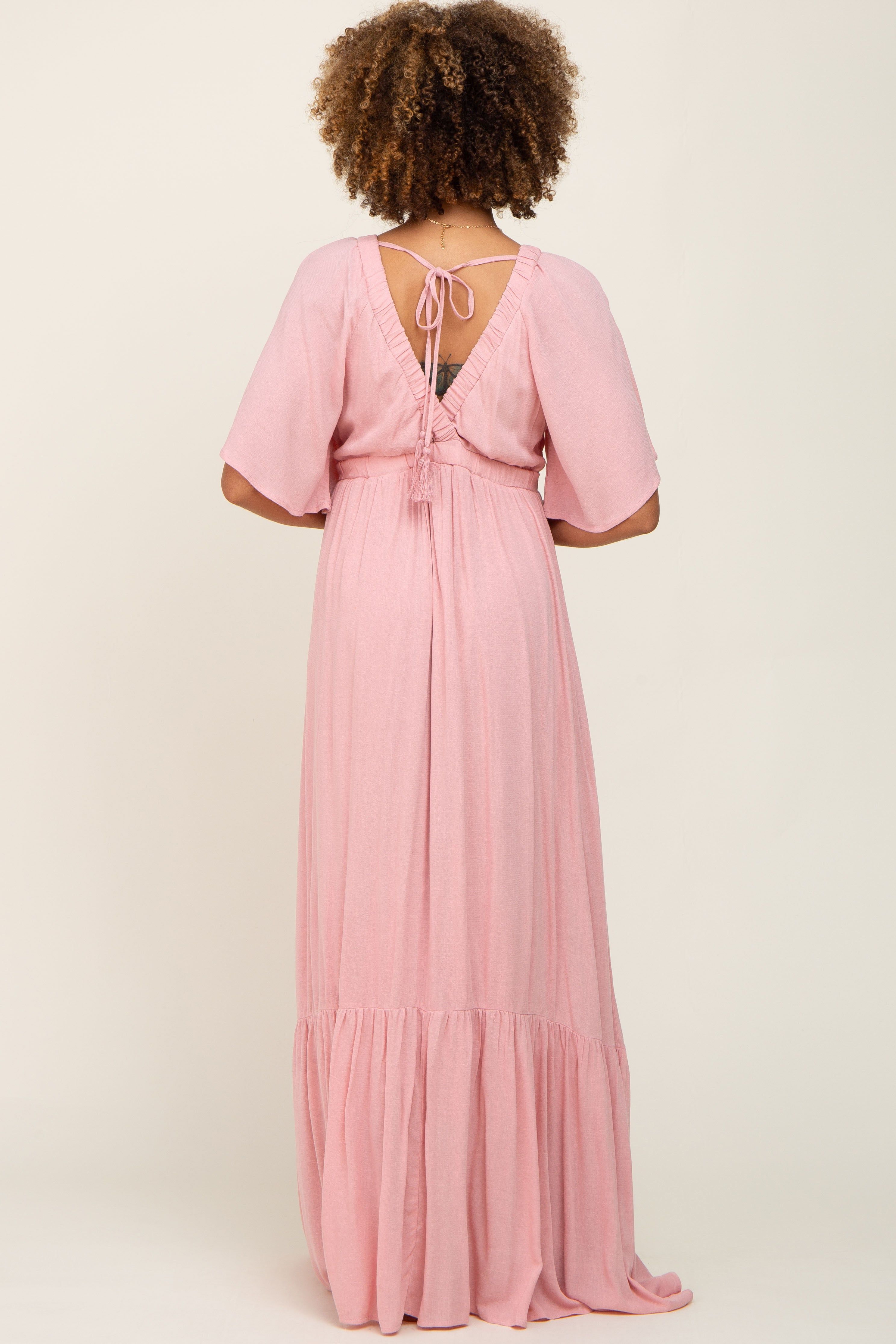 Light Pink V-Neck Flounce Sleeve Maxi Dress sold by Pinkblush product image thumbnail 3