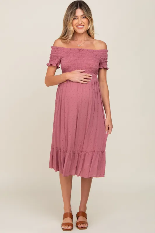 Mauve Off Shoulder Smocked Maternity Midi Dress sold by Pinkblush