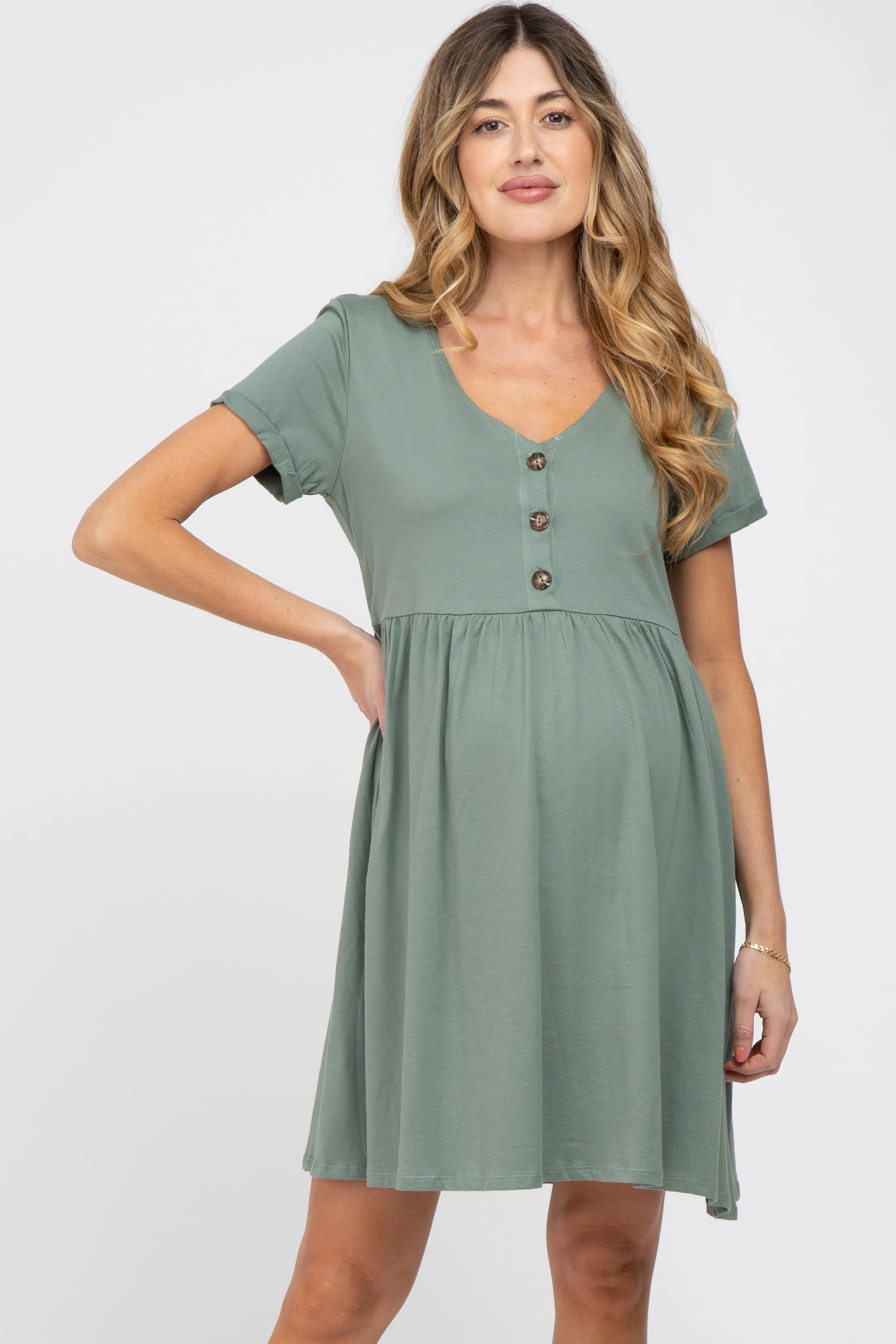 Olive Button Front Basic Maternity Dress sold by Pinkblush