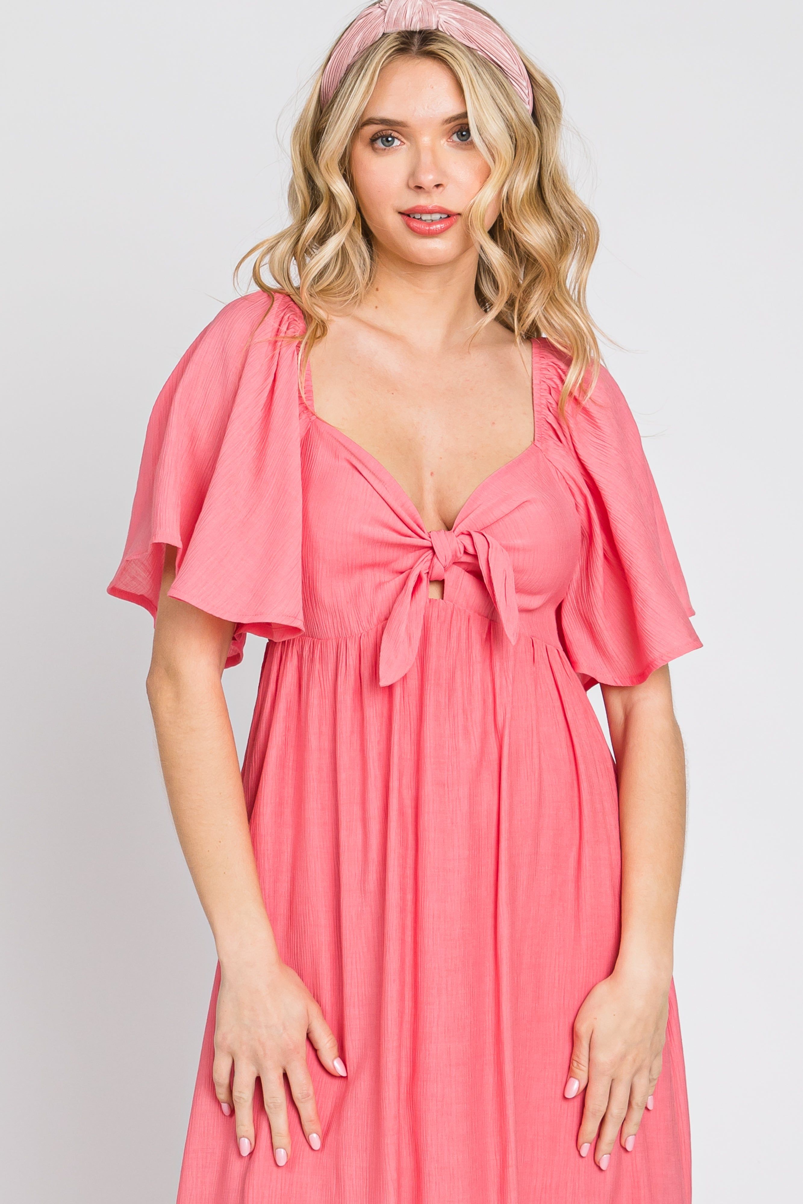 Coral Front Tie Ruffle Sleeve Midi Dress sold by Pinkblush product image thumbnail 2