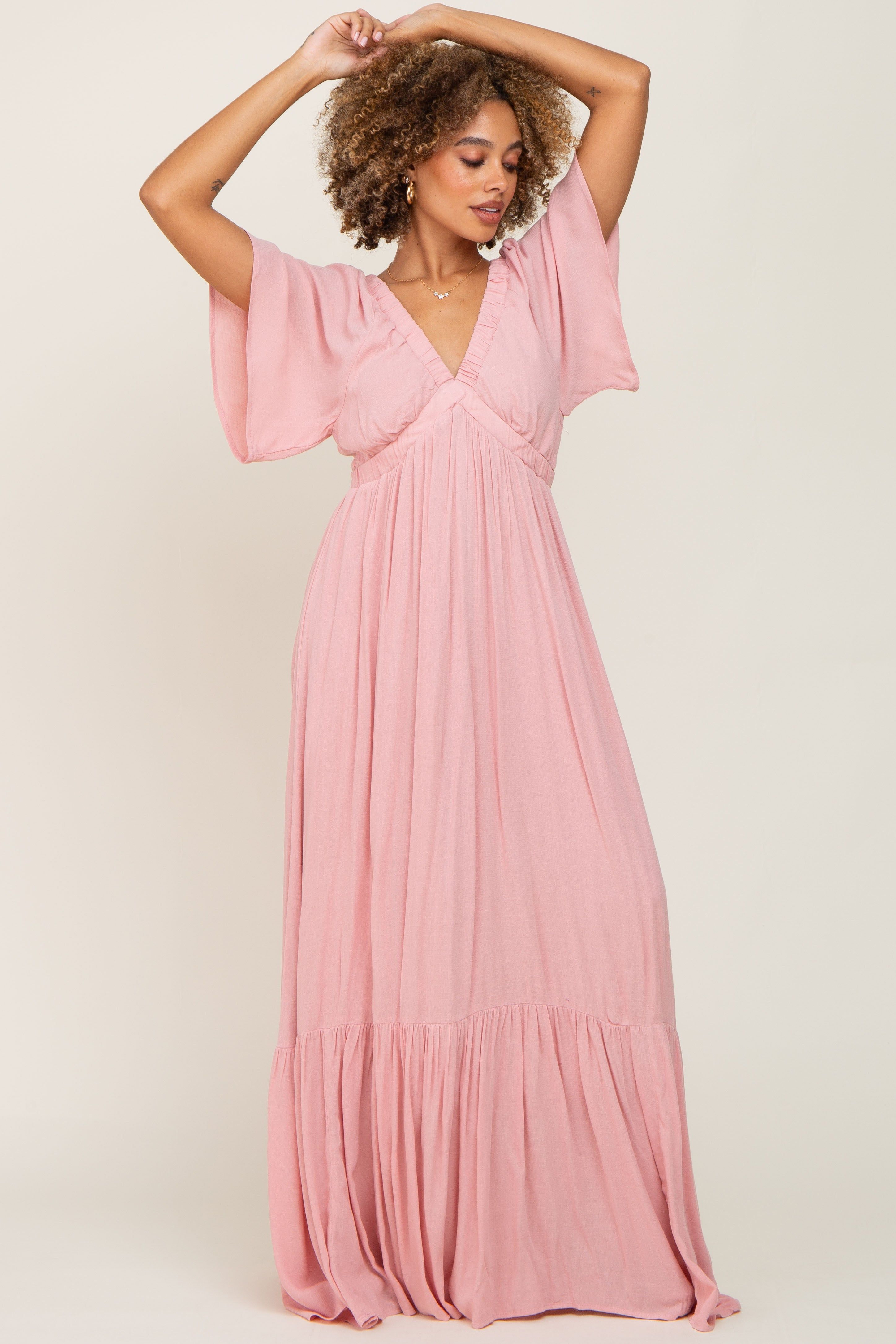 Light Pink V-Neck Flounce Sleeve Maxi Dress sold by Pinkblush product image thumbnail 4