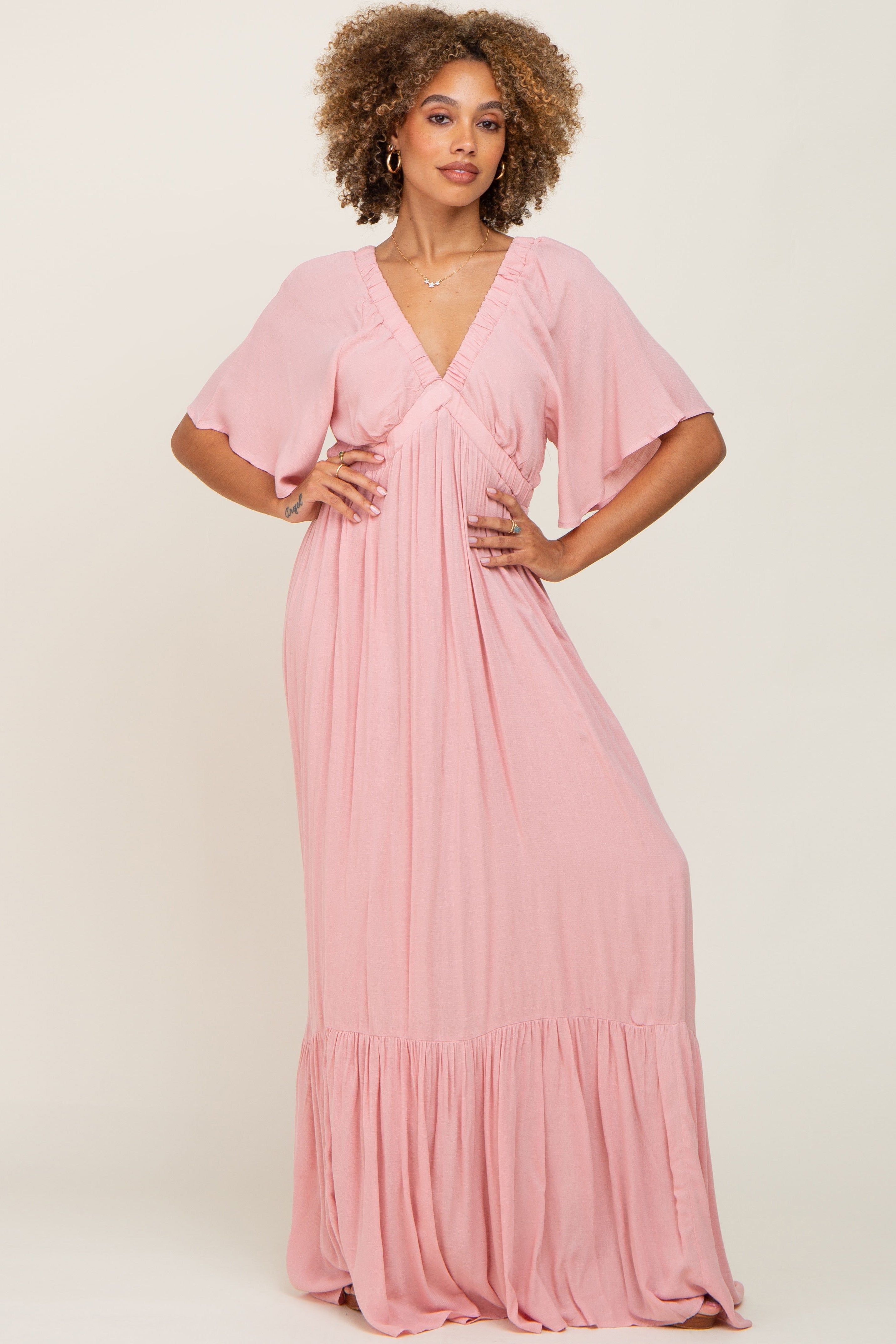 Light Pink V-Neck Flounce Sleeve Maxi Dress sold by Pinkblush