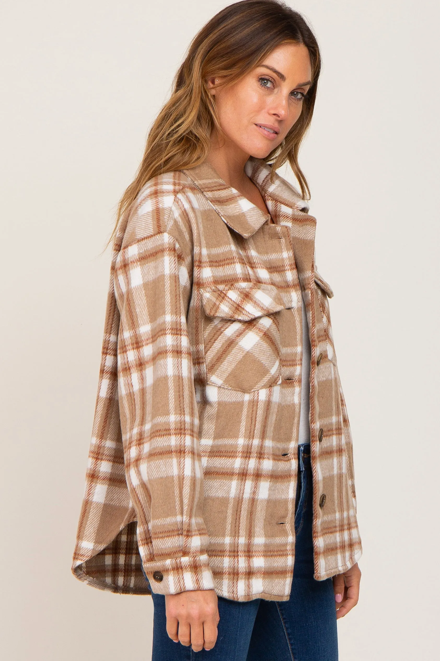 Light Mocha Plaid Front Pocket Shacket sold by Pinkblush product image thumbnail 2