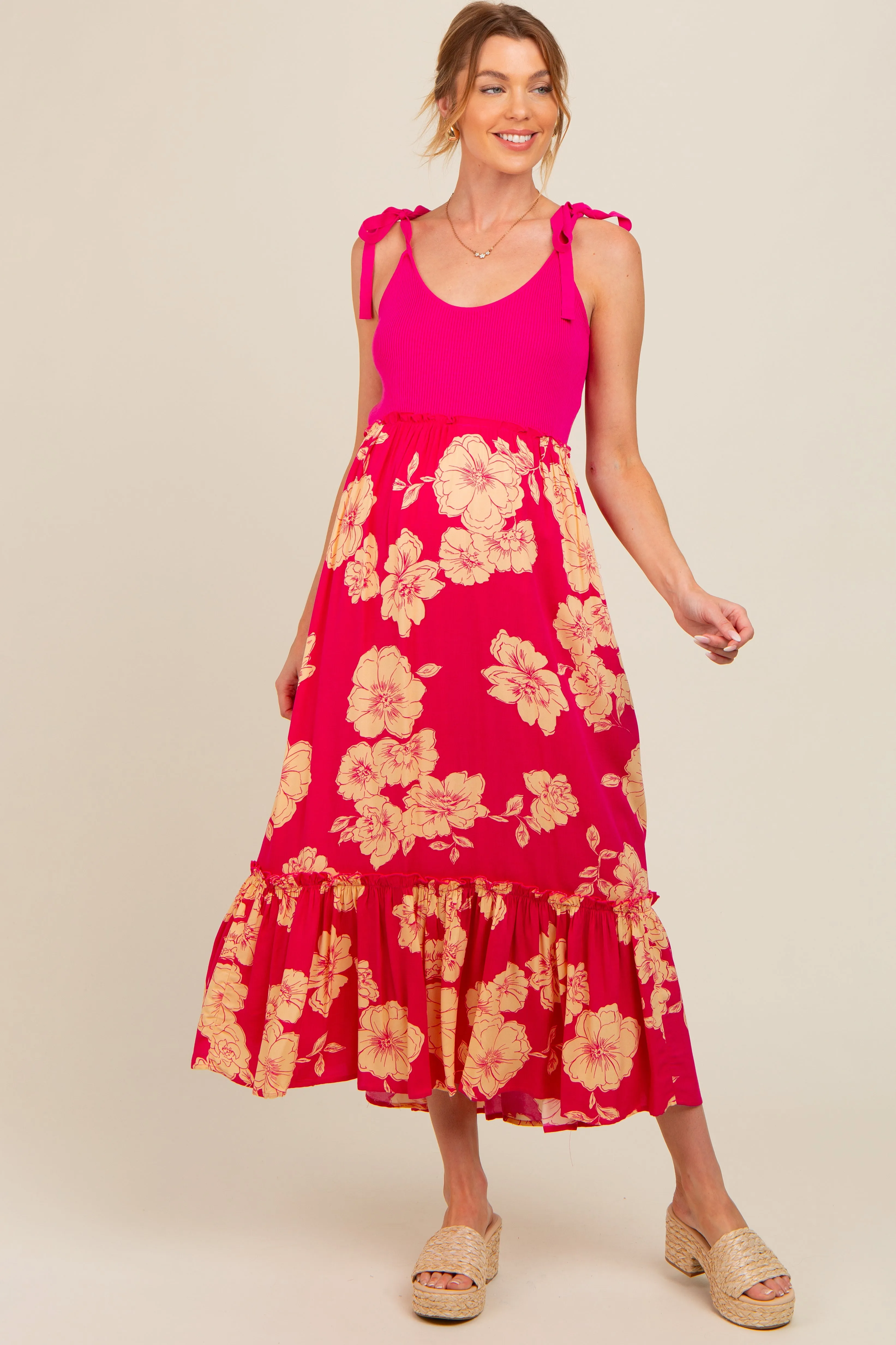 Fuchsia Floral Colorblock Maternity Midi Dress sold by Pinkblush product image thumbnail 2
