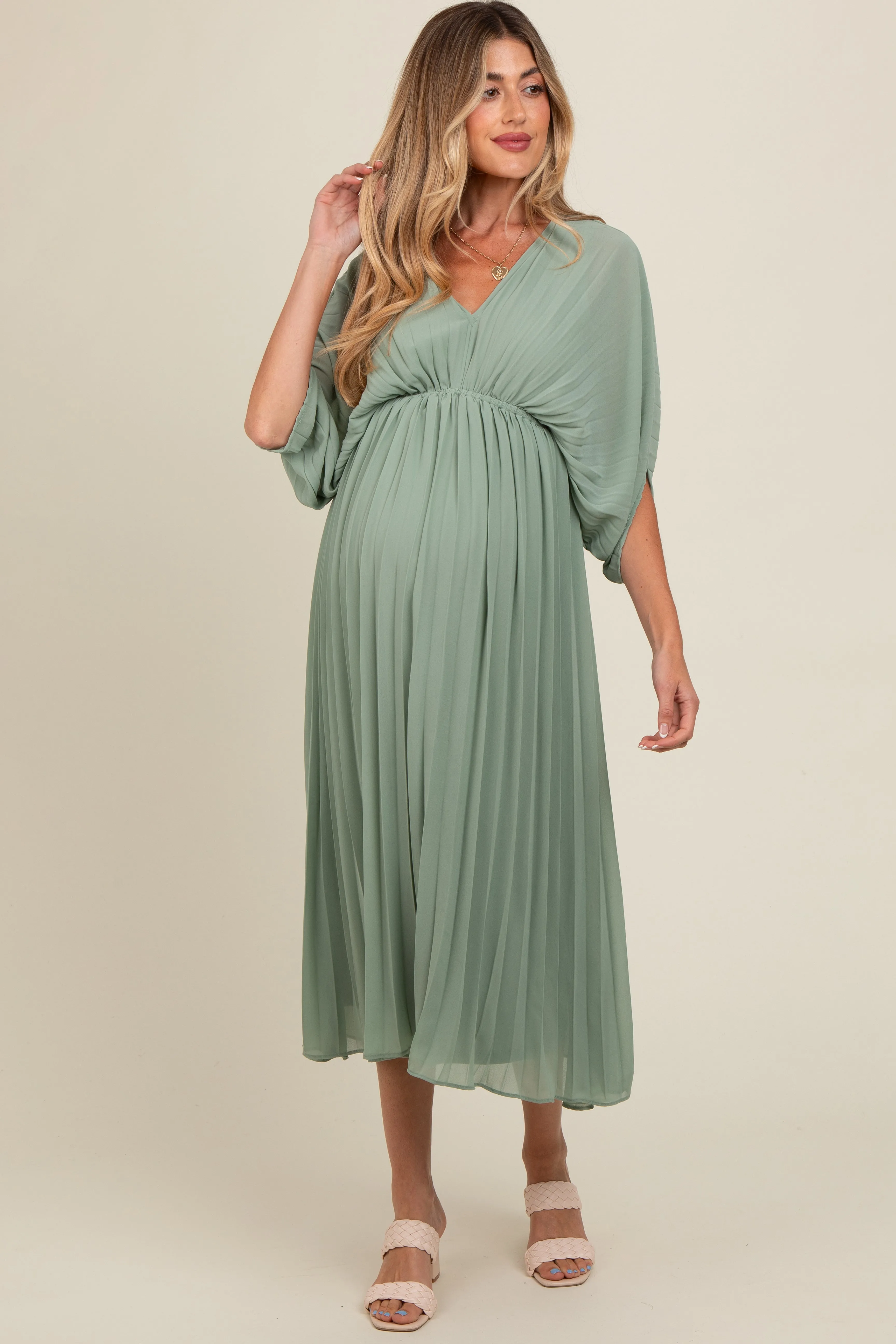 Light Olive Pleated V Neck Maternity Maxi Dress sold by Pinkblush product image thumbnail 3