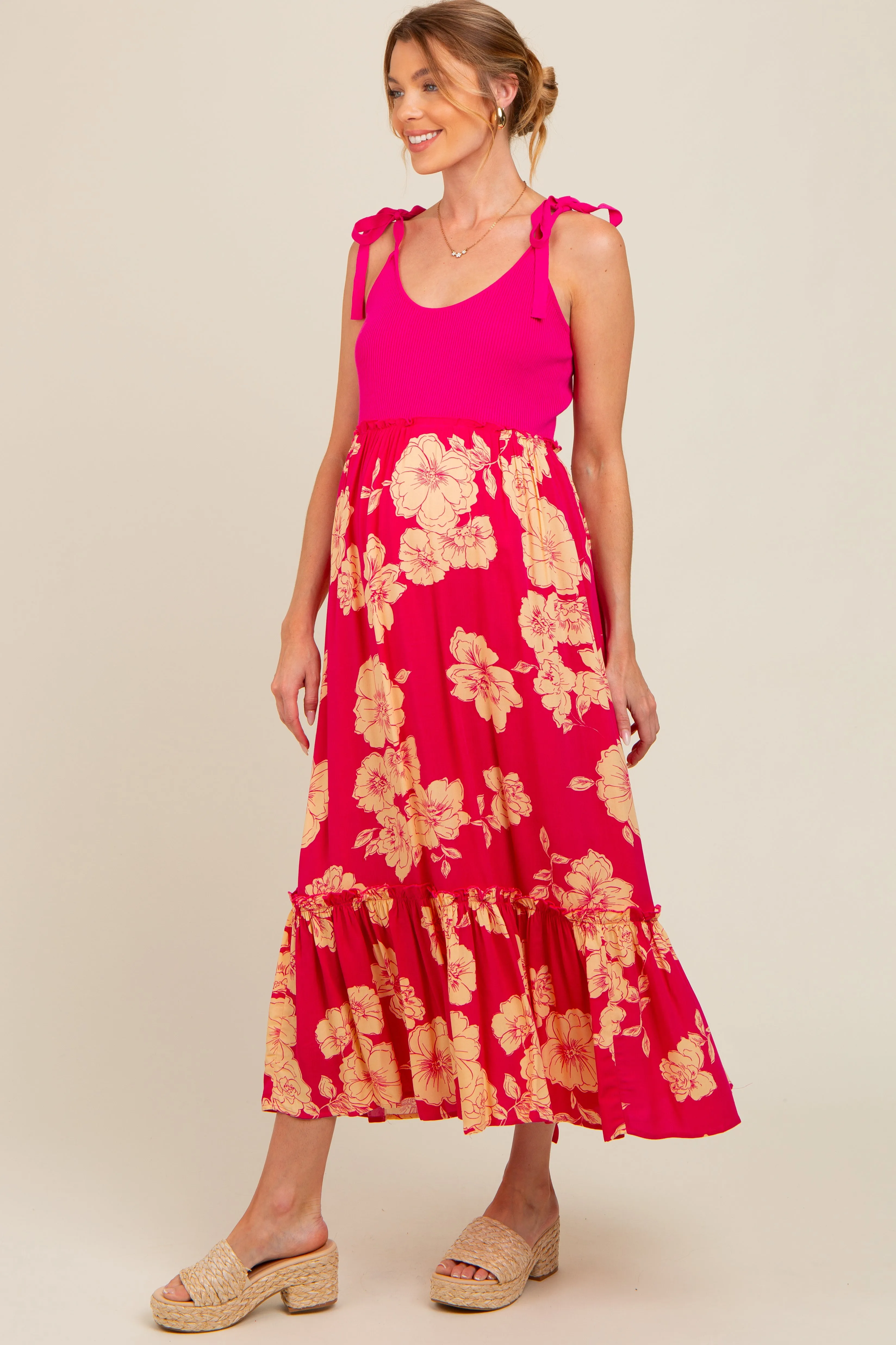 Fuchsia Floral Colorblock Maternity Midi Dress sold by Pinkblush product image thumbnail 3