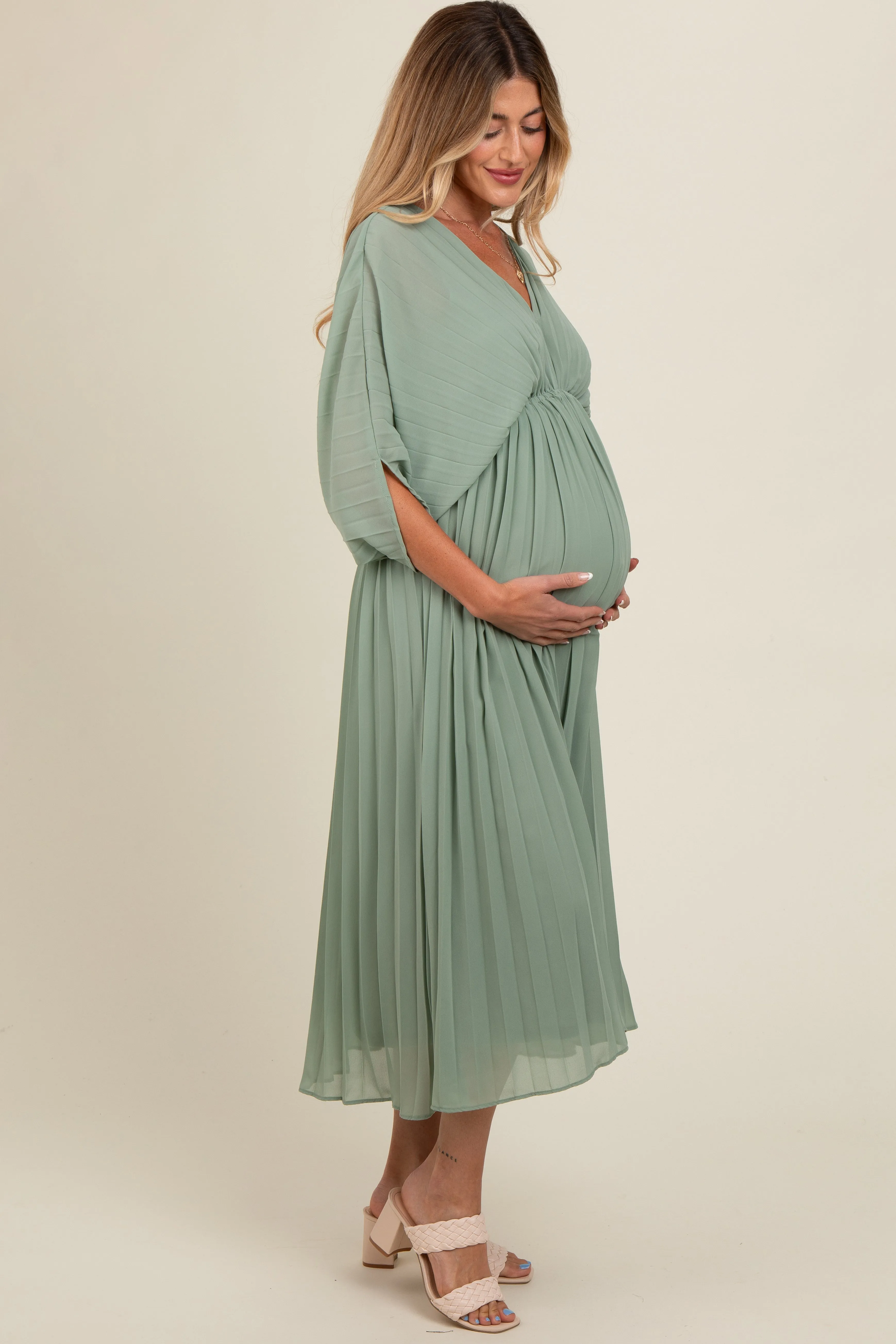 Light Olive Pleated V Neck Maternity Maxi Dress sold by Pinkblush product image thumbnail 4