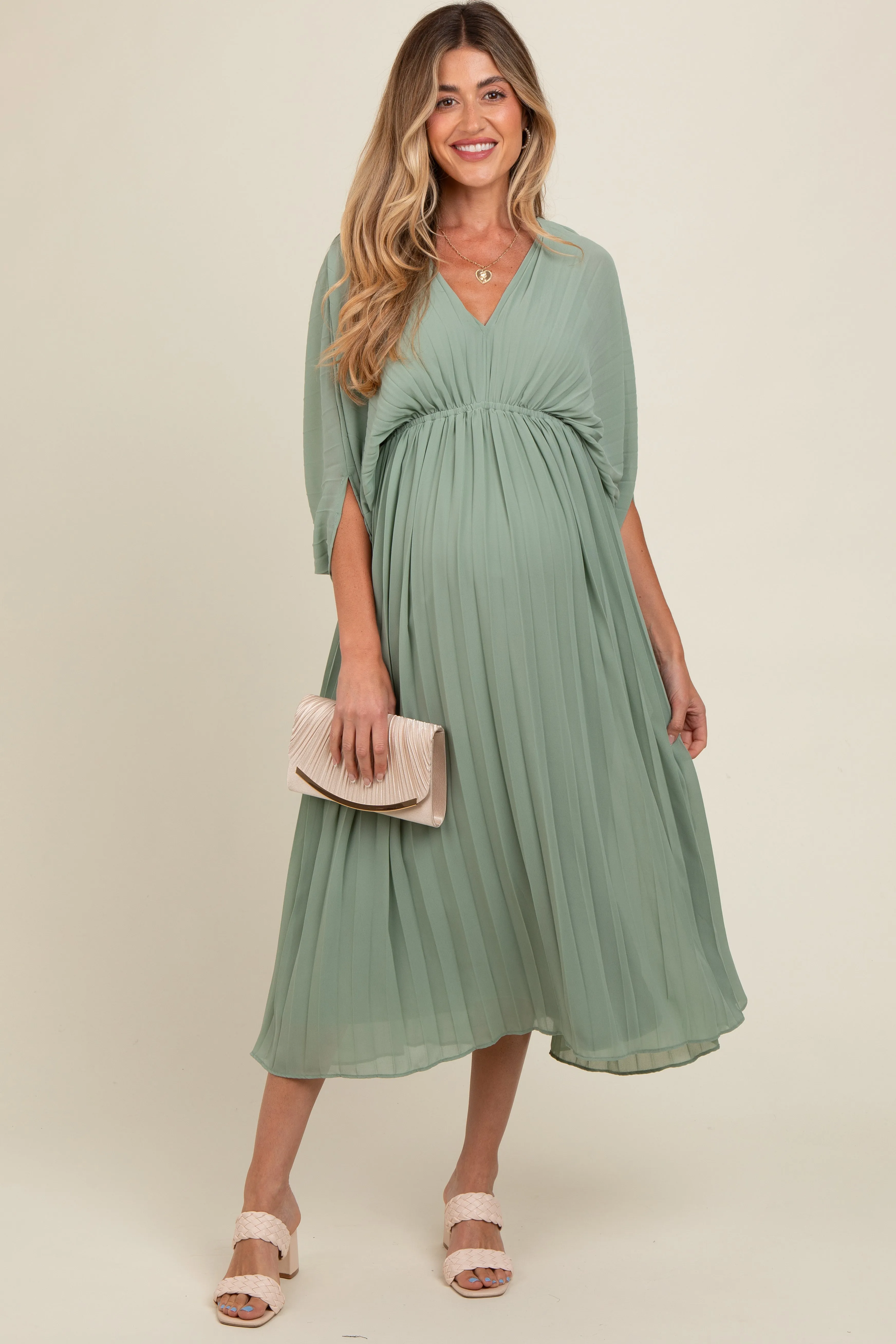 Light Olive Pleated V Neck Maternity Maxi Dress sold by Pinkblush
