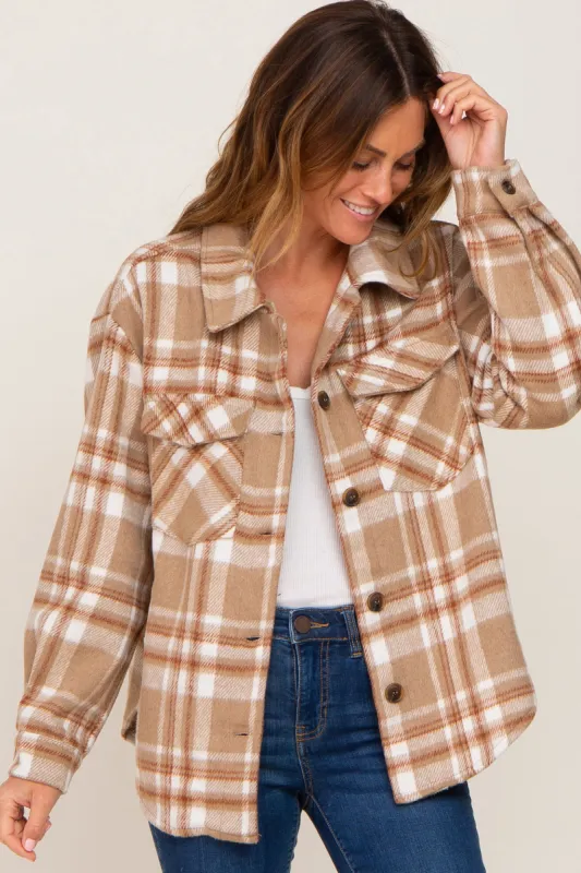 Light Mocha Plaid Front Pocket Shacket sold by Pinkblush