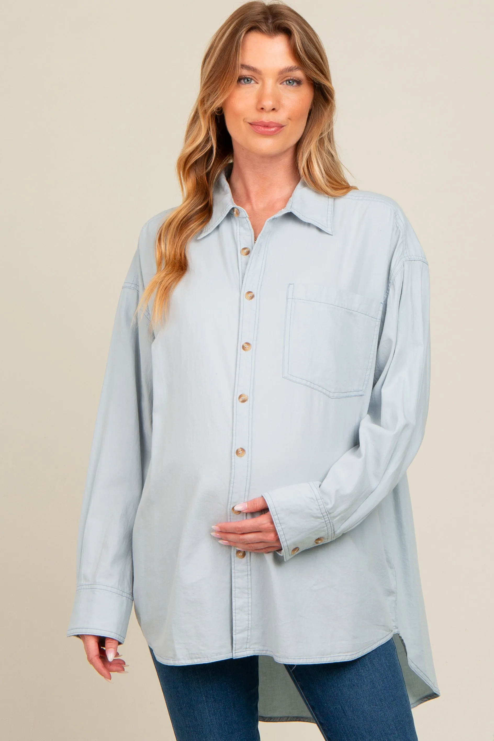 Light Blue Chambray Button Down Maternity Top sold by Pinkblush