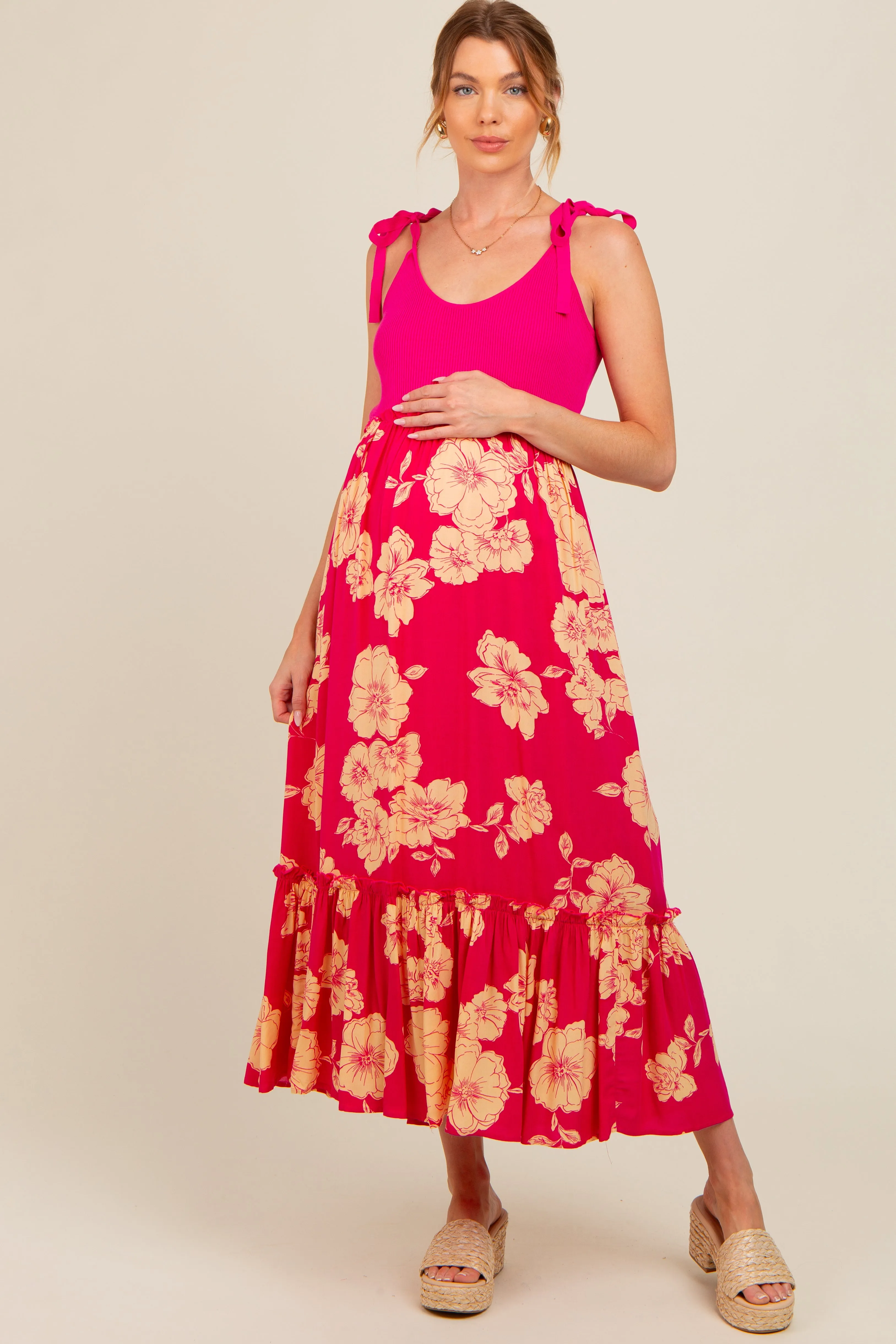 Fuchsia Floral Colorblock Maternity Midi Dress sold by Pinkblush