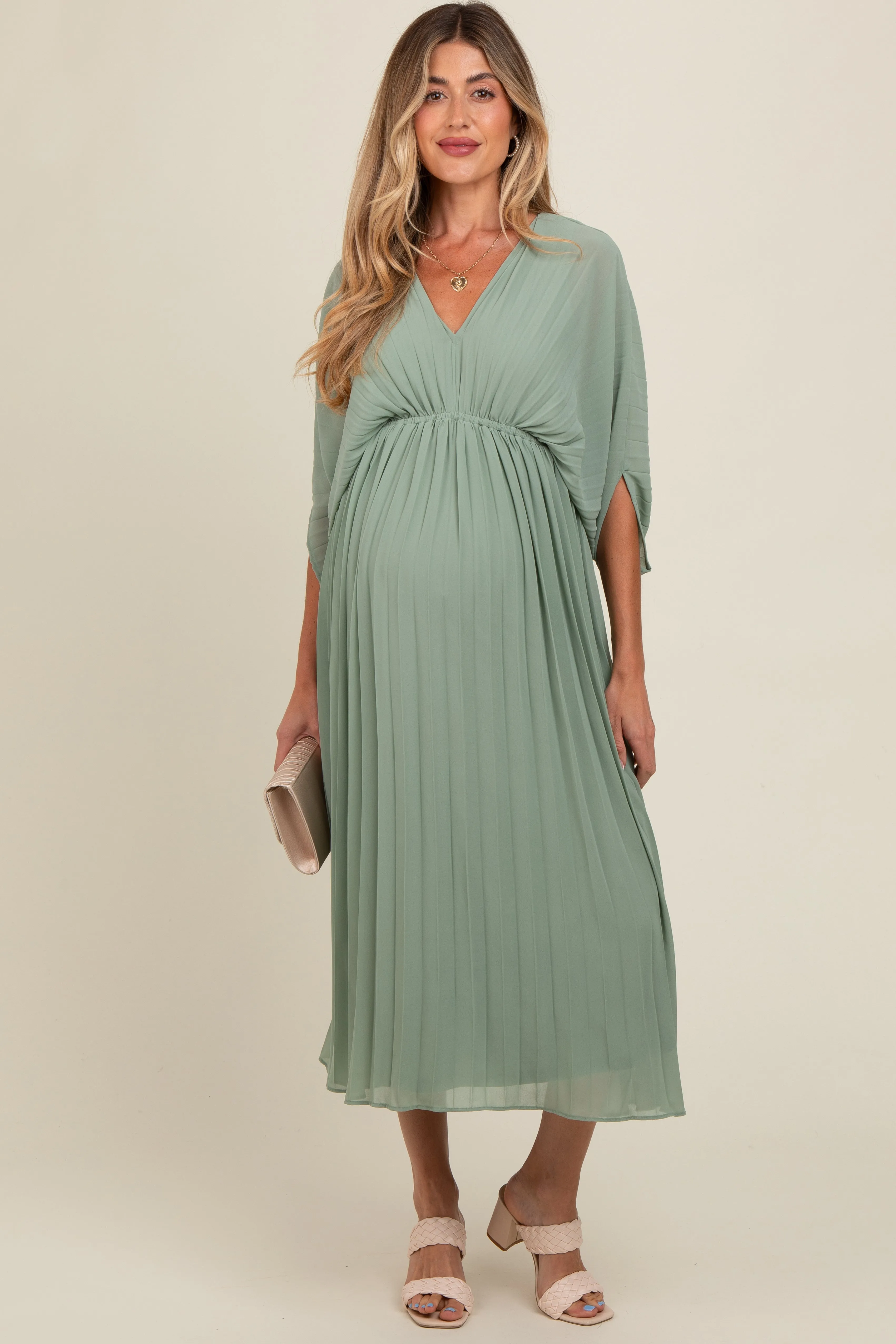 Light Olive Pleated V Neck Maternity Maxi Dress sold by Pinkblush product image thumbnail 2