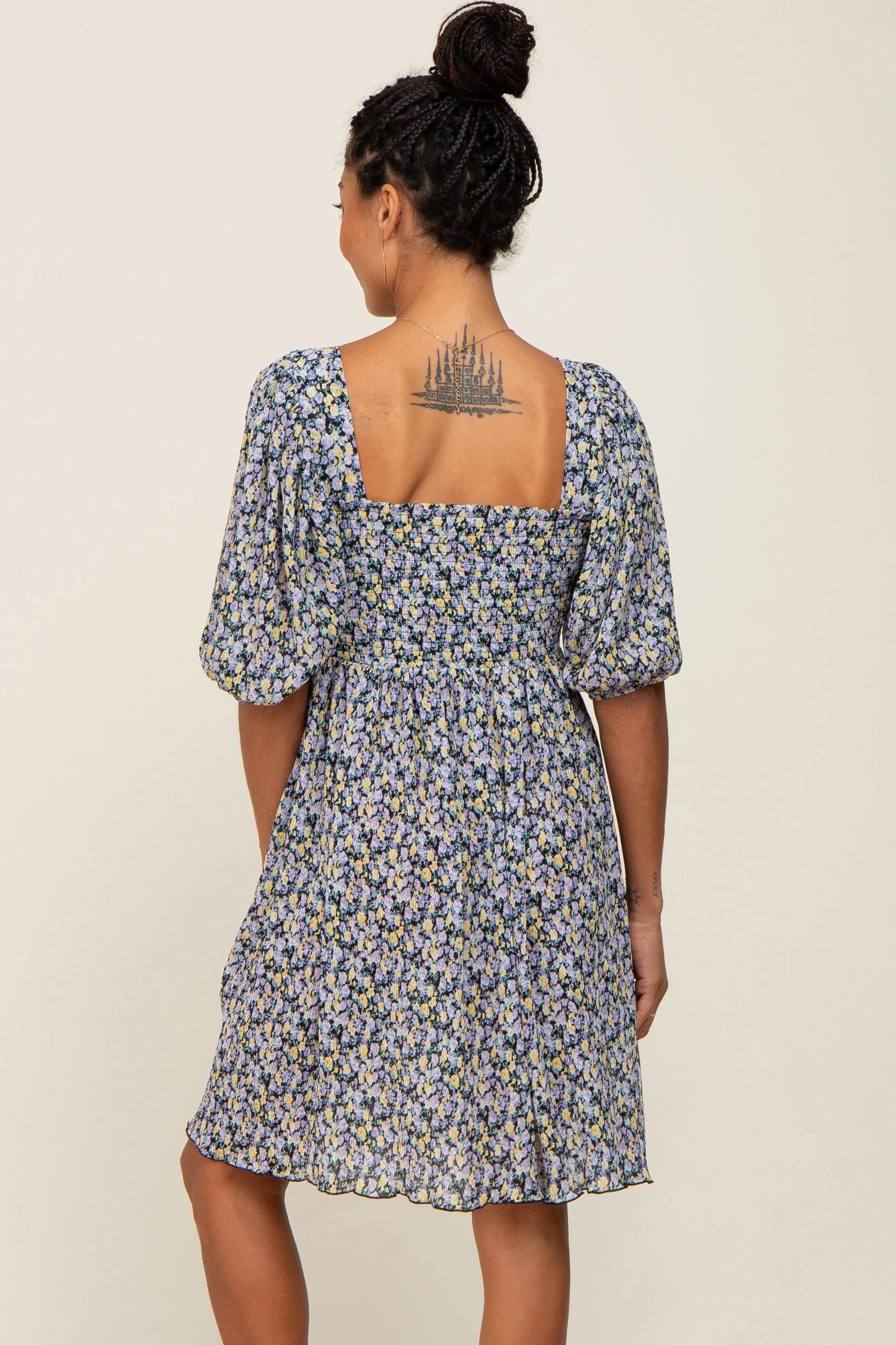 Black Floral Pleated Puff Sleeve Dress sold by Pinkblush product image thumbnail 3