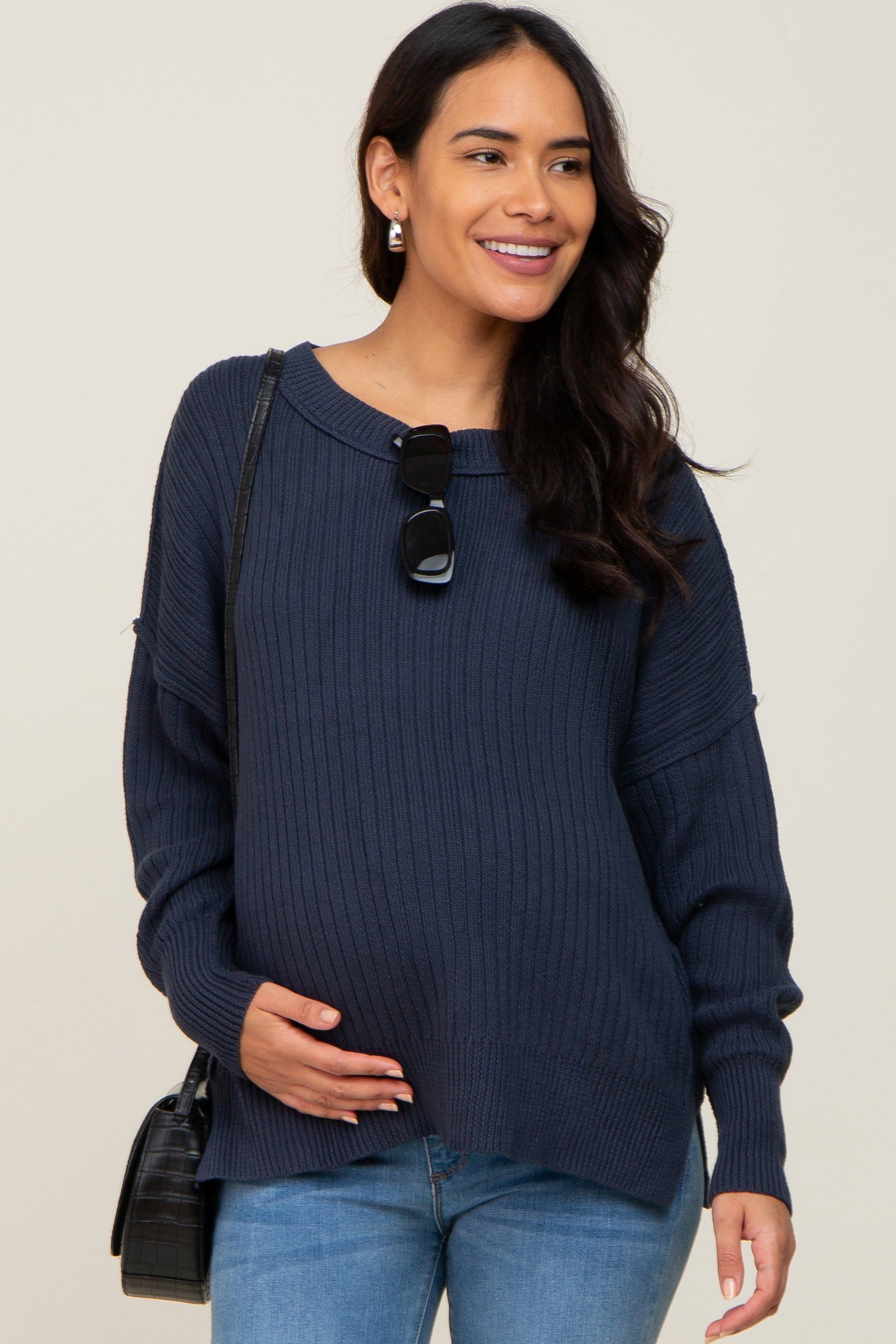 Navy Blue Ribbed Maternity Sweater sold by Pinkblush