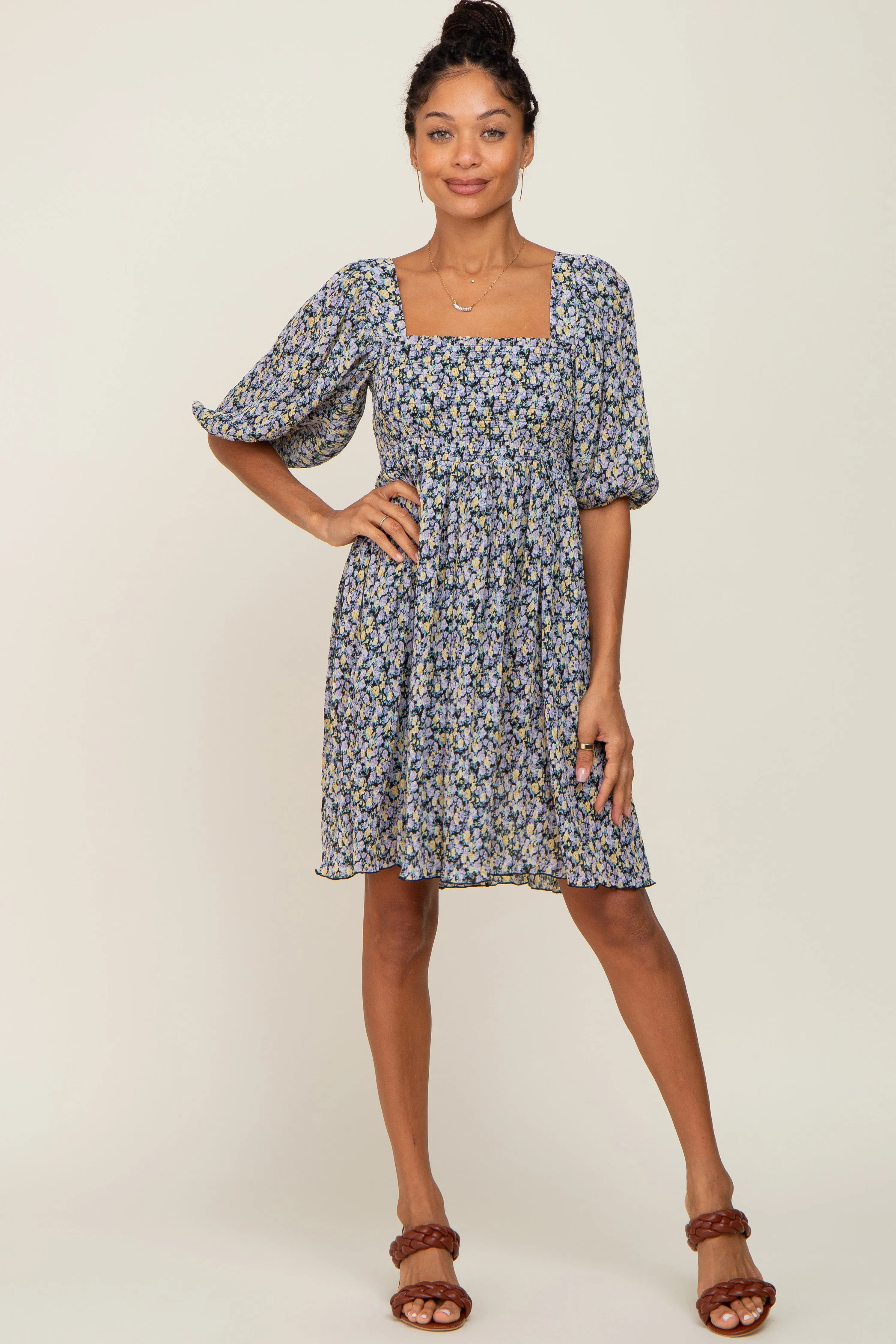 Black Floral Pleated Puff Sleeve Dress sold by Pinkblush product image thumbnail 4
