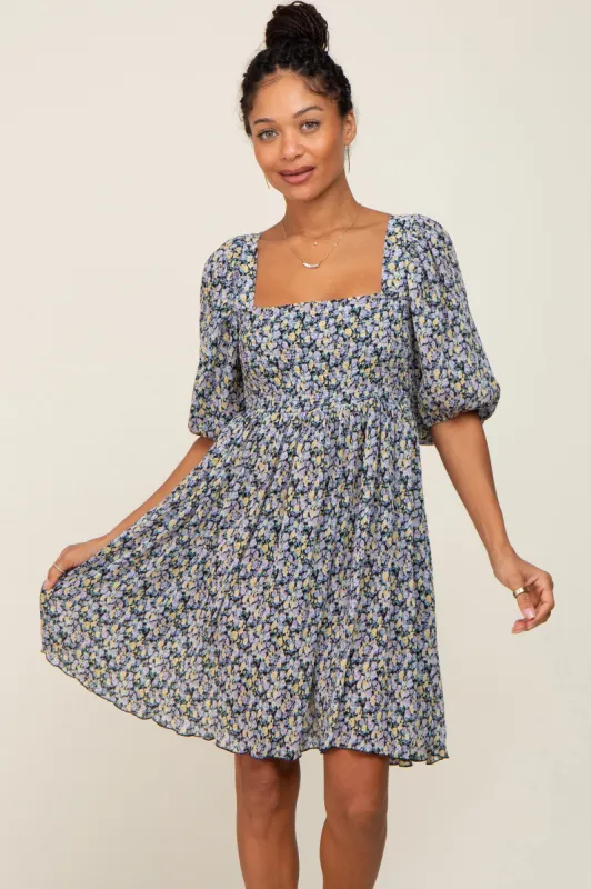 Black Floral Pleated Puff Sleeve Dress sold by Pinkblush