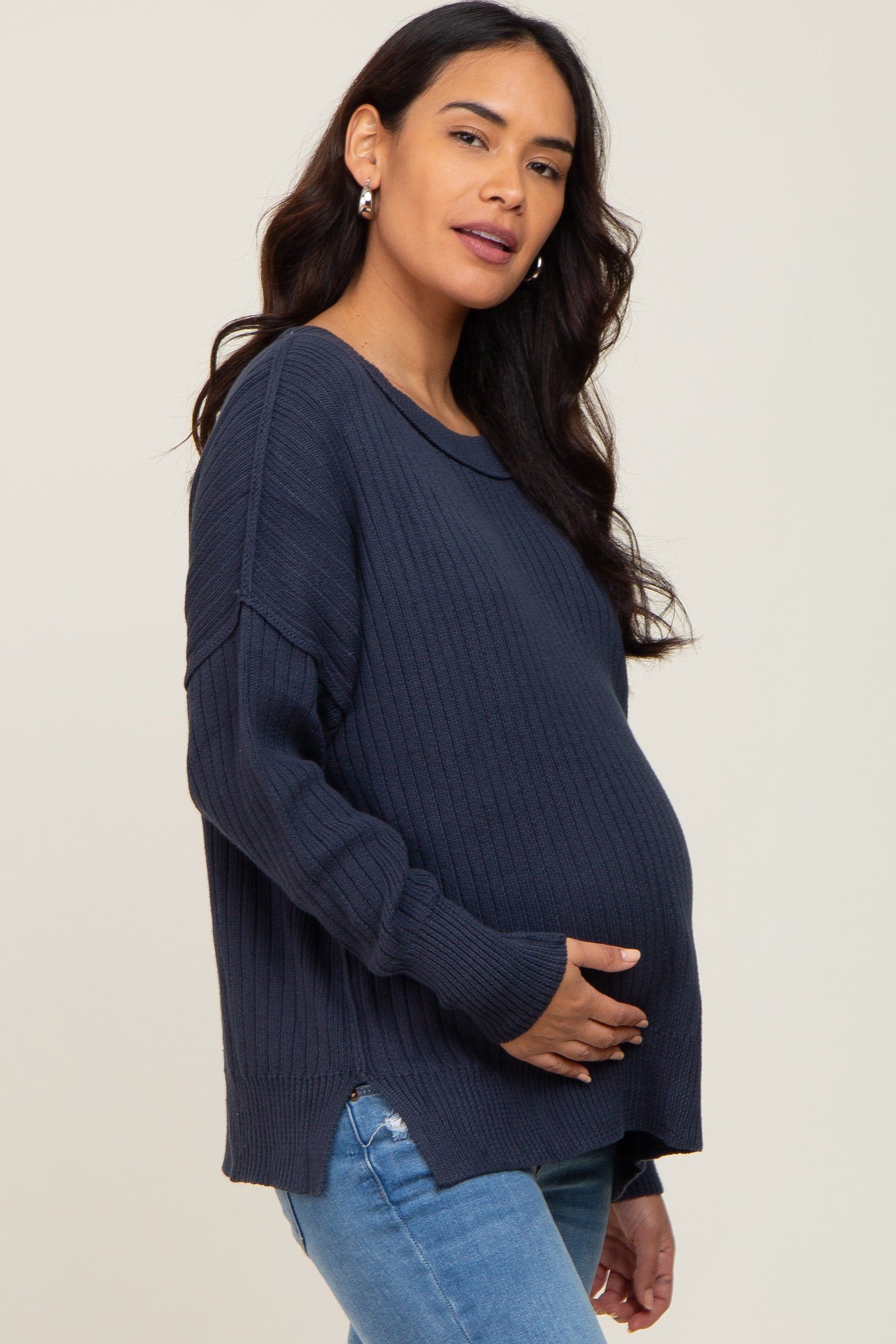 Navy Blue Ribbed Maternity Sweater sold by Pinkblush product image thumbnail 2