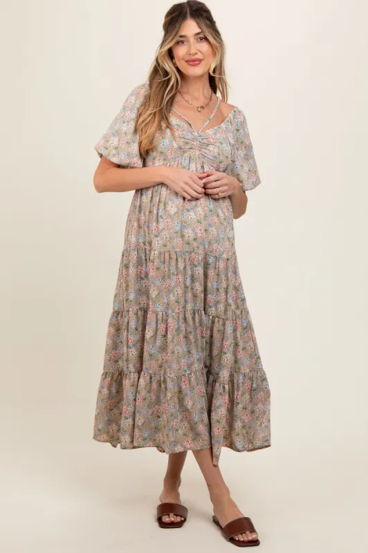 Beige Floral Ruched Strappy V-Neck Front Puff Short Sleeve Maternity Midi Dress sold by Pinkblush