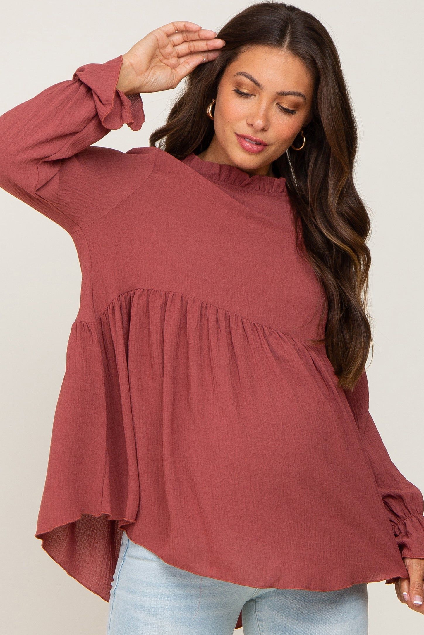 Rust Long Sleeve Ruffle Peplum Maternity Blouse sold by Pinkblush product image thumbnail 2