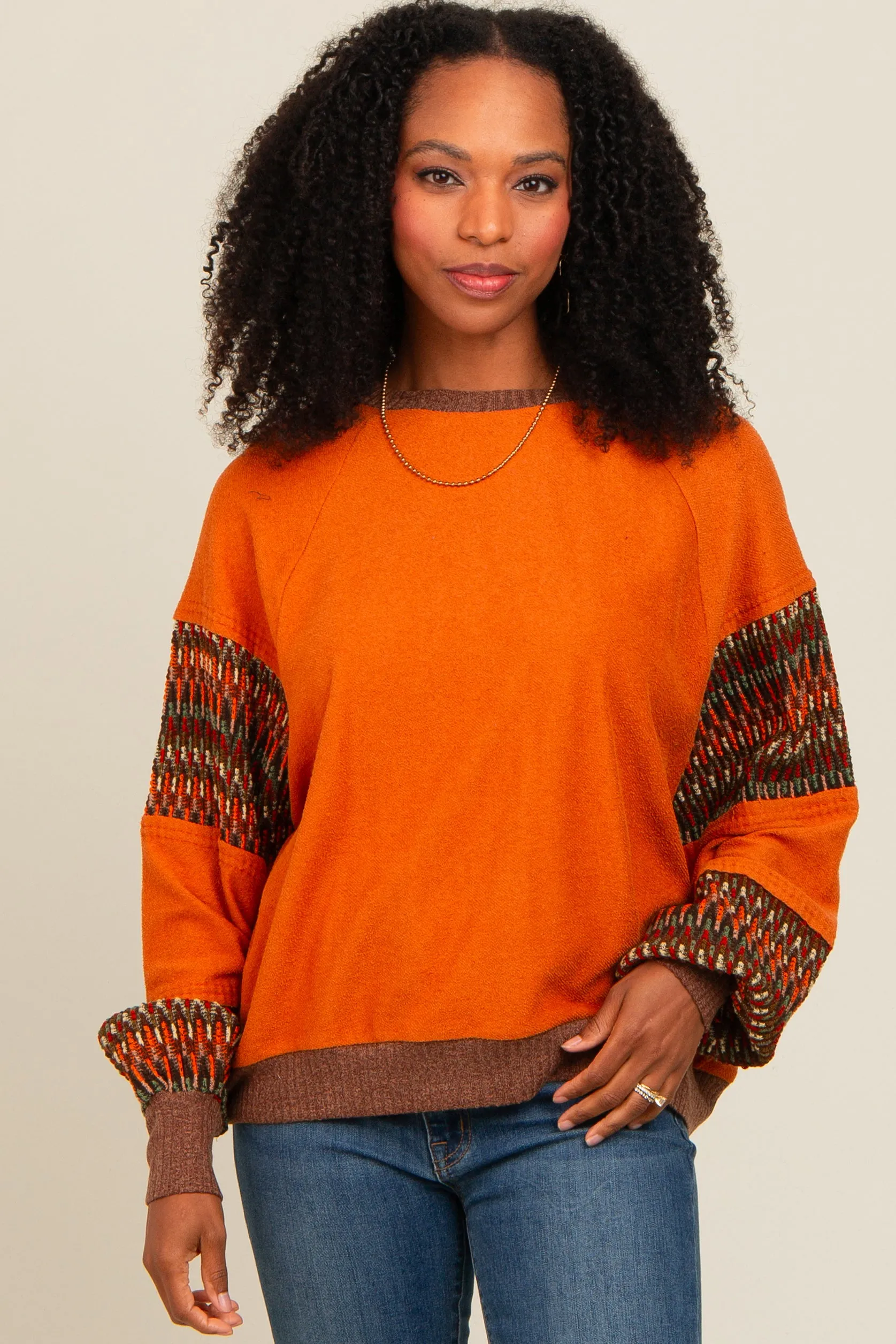 Camel Knit Contrast Sleeve Pullover sold by Pinkblush