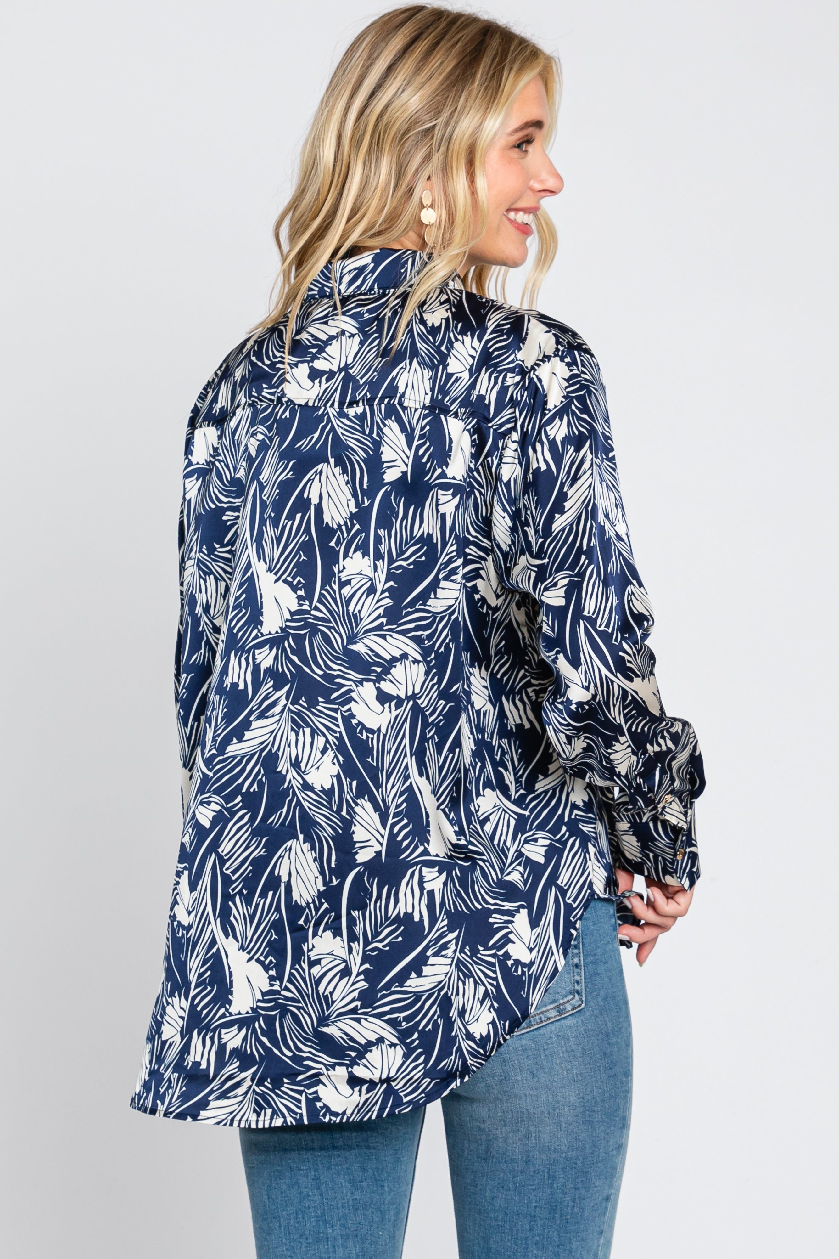 Navy Leaf Print Satin Button Up Blouse sold by Pinkblush product image thumbnail 3