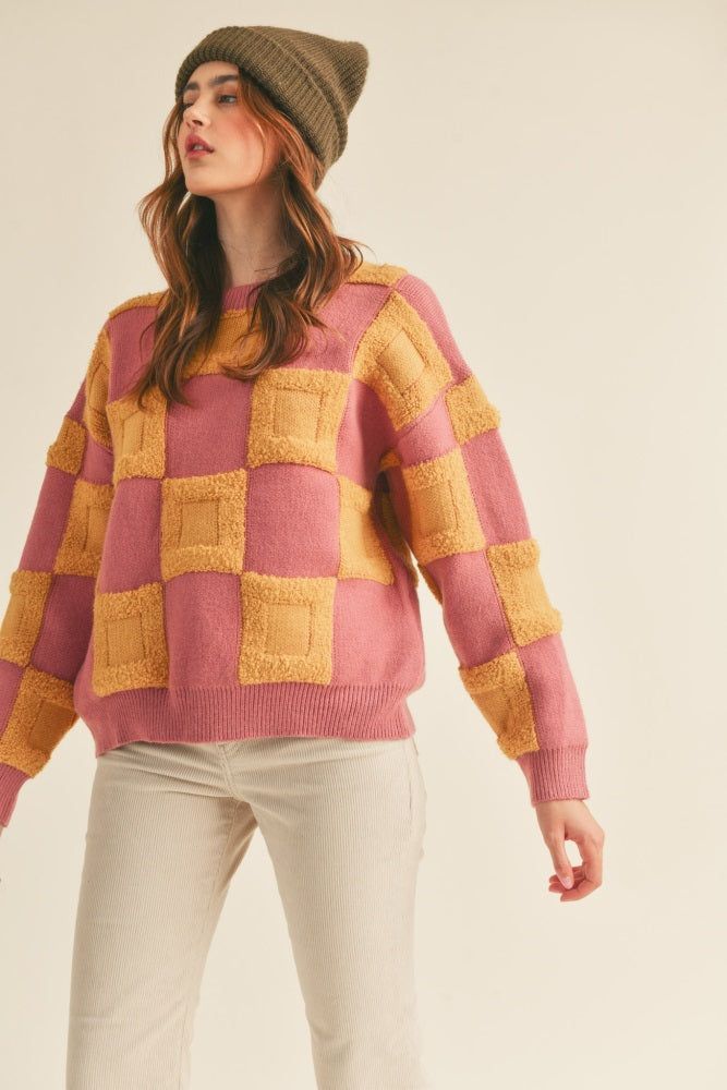 Dusty Pink Yellow Textured Checkered Sweater Pullover sold by Pinkblush