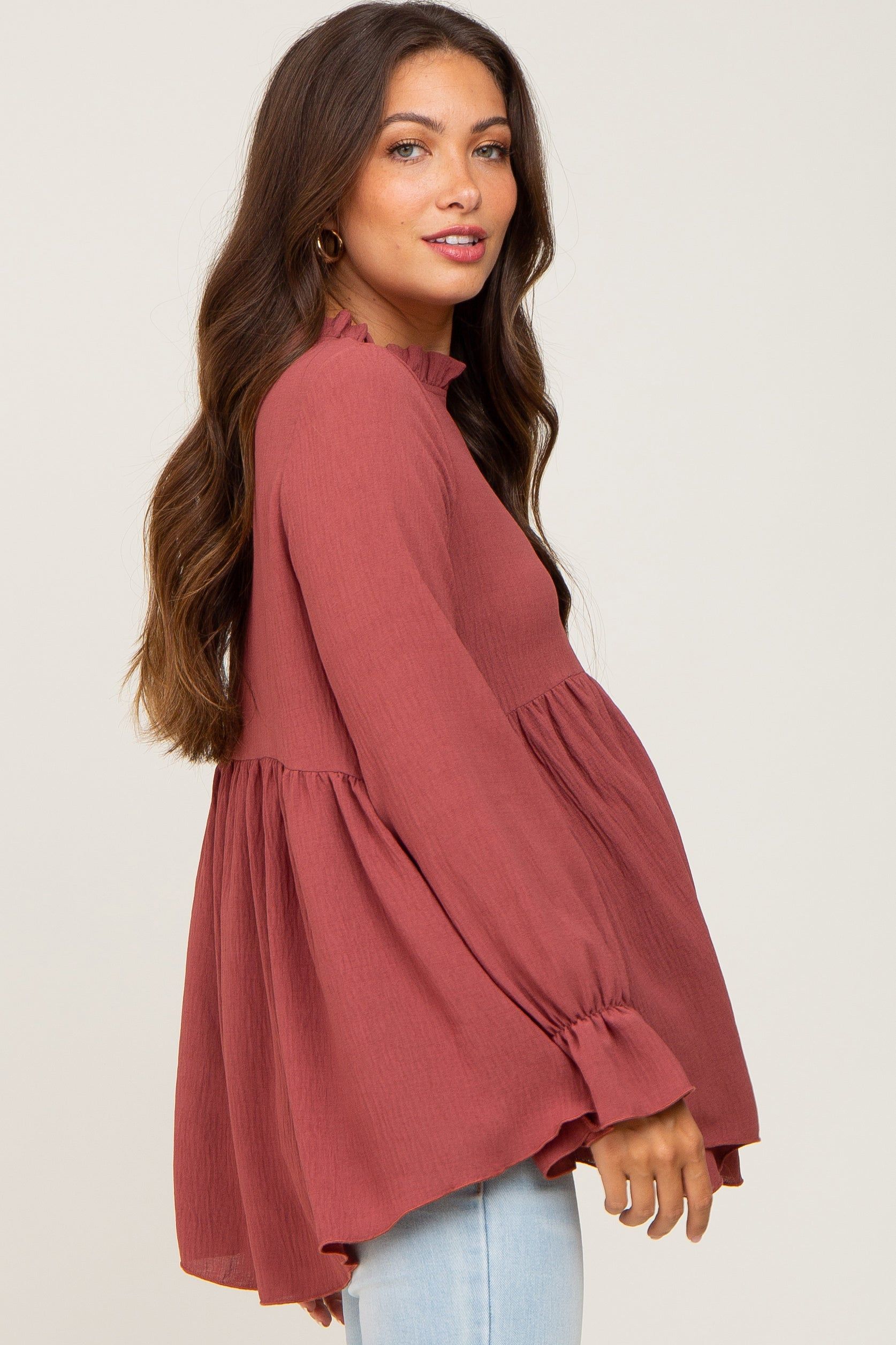 Rust Long Sleeve Ruffle Peplum Maternity Blouse sold by Pinkblush product image thumbnail 3