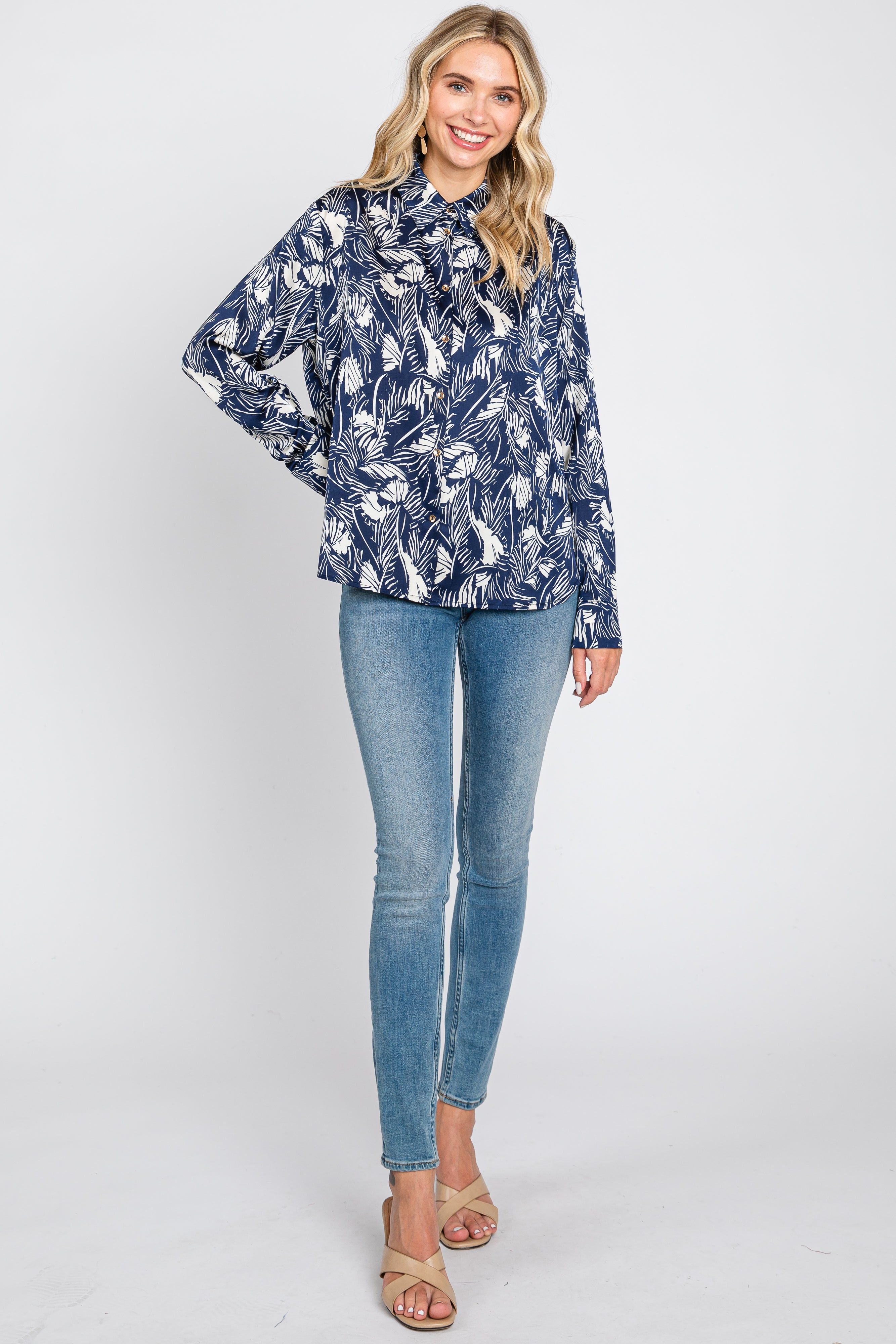 Navy Leaf Print Satin Button Up Blouse sold by Pinkblush product image thumbnail 4